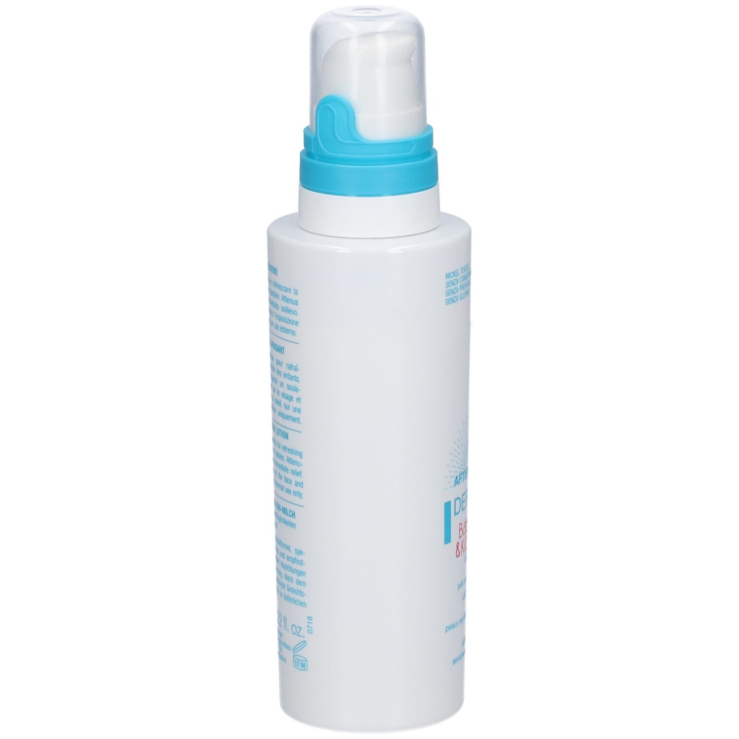 Flacon blanc avec pompe bleue. Texte sur le côté. Marque Bionike.