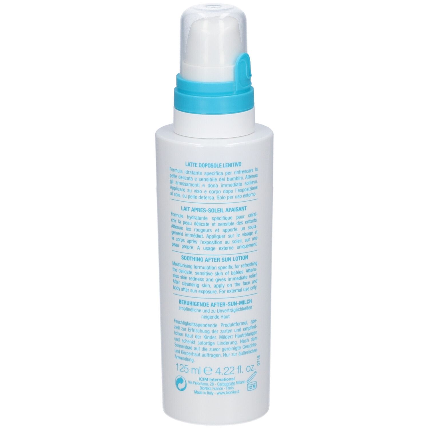 Dos du flacon blanc avec pompe bleue. Texte multilingue. Volume: 125 ml.