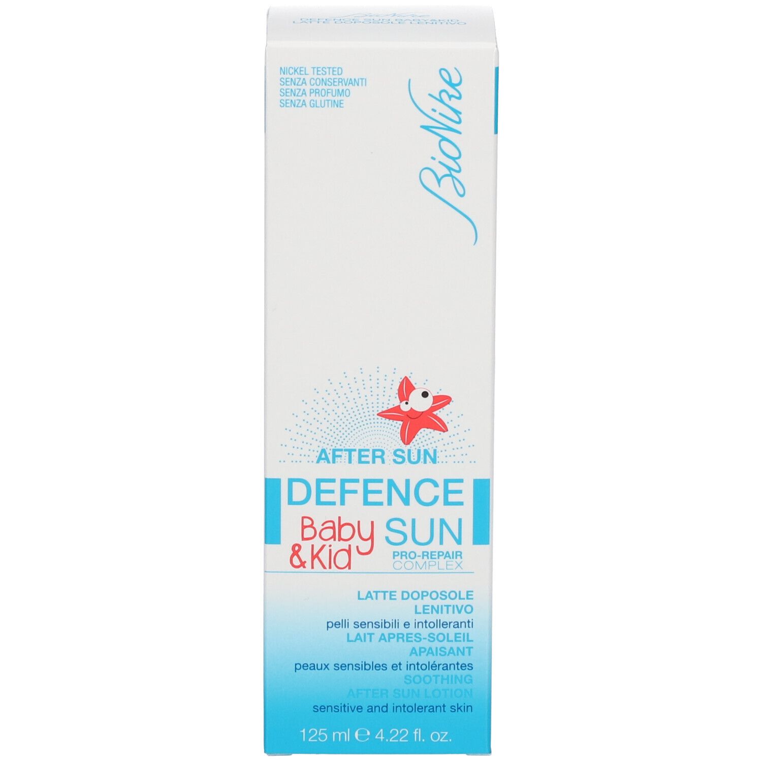 Boîte avec inscription: After Sun Defence Baby & Kid. Marque Bionike. Volume: 125 ml.