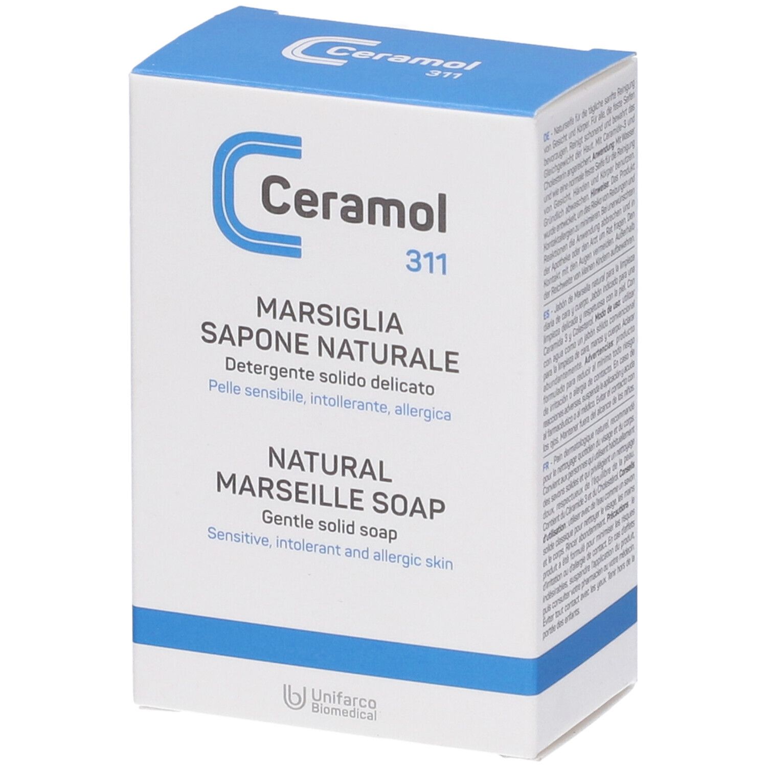 Boîte de Ceramol 311 Marsiglia Sapone Naturale. Carton blanc et bleu. Nom du produit et description en italien et anglais.