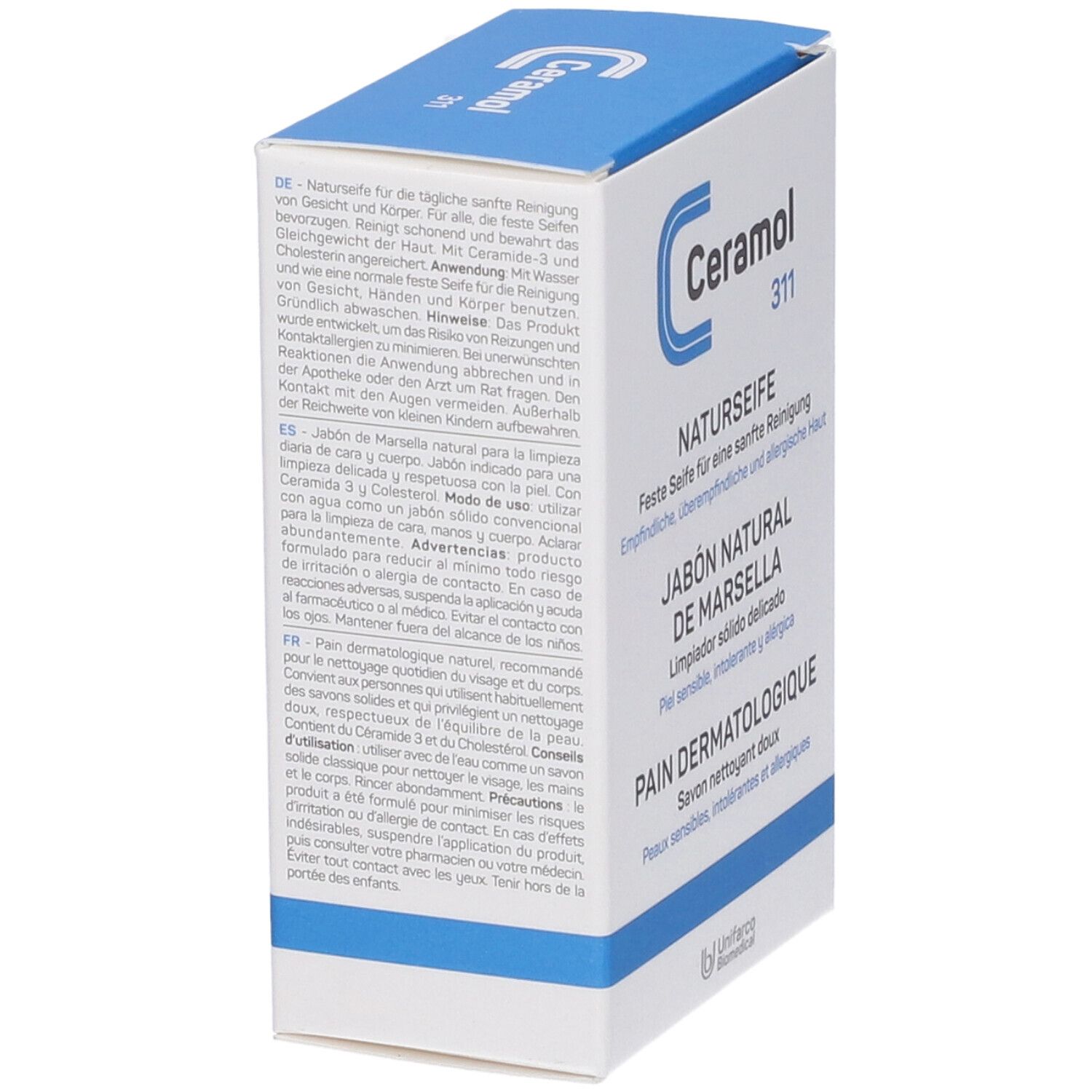 Dos de la boîte de Ceramol 311 Naturseife. Texte multilingue. Poids : 100g.