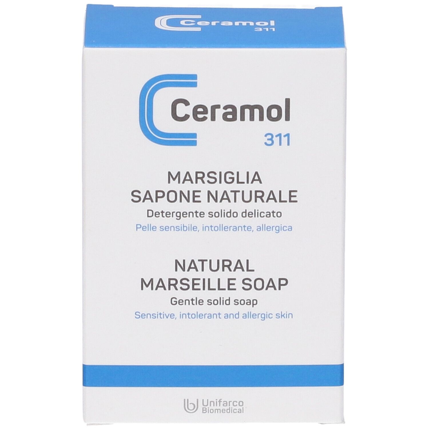 Boîte de Ceramol 311 Marsiglia Sapone Naturale. Carton blanc et bleu. Nom du produit et description.