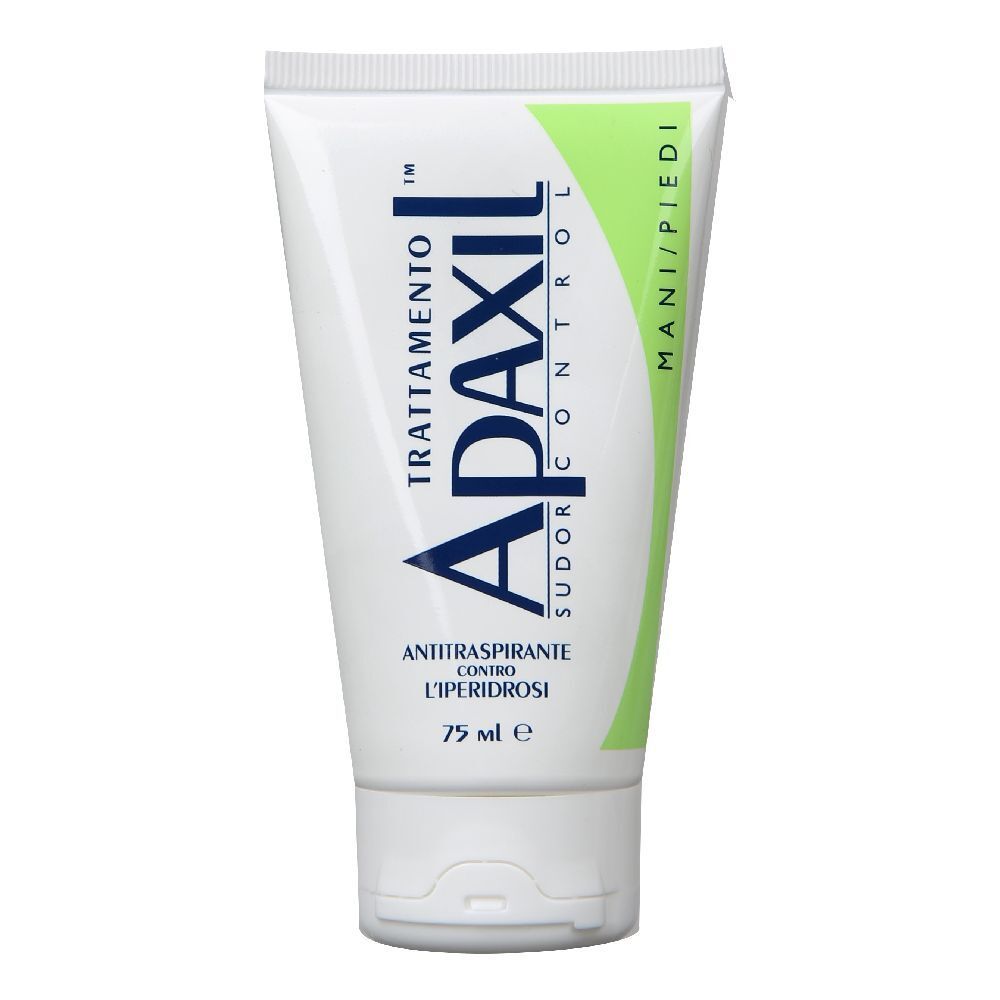 Tube blanche et verte. Logo APAXIL. Texte: Antitranspirant, Mani/Piedi. 75 ml.