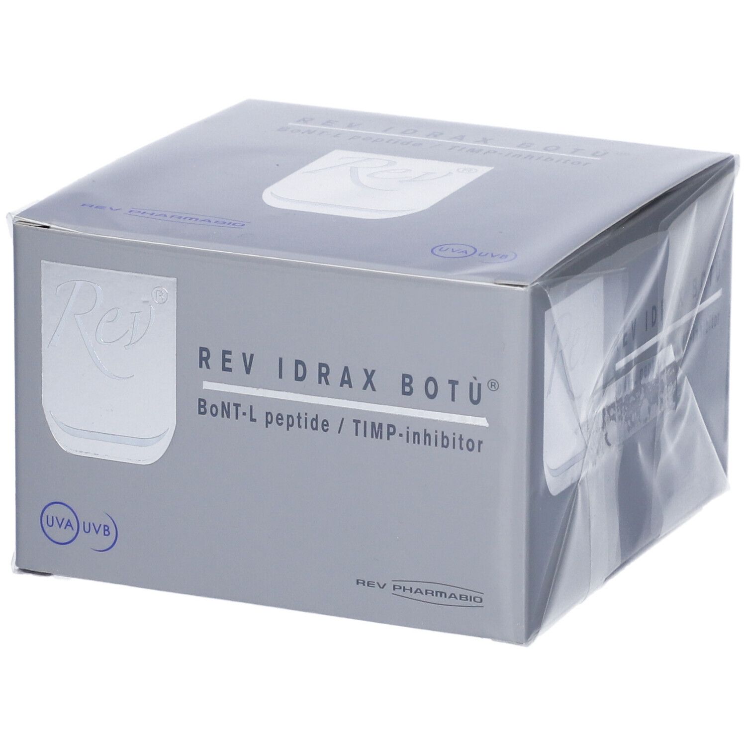 Emballage gris avec le nom du produit REV IDRAX BOTÙ. Texte: BoNT-L peptide / TIMP-inhibitor. Logo Rev.