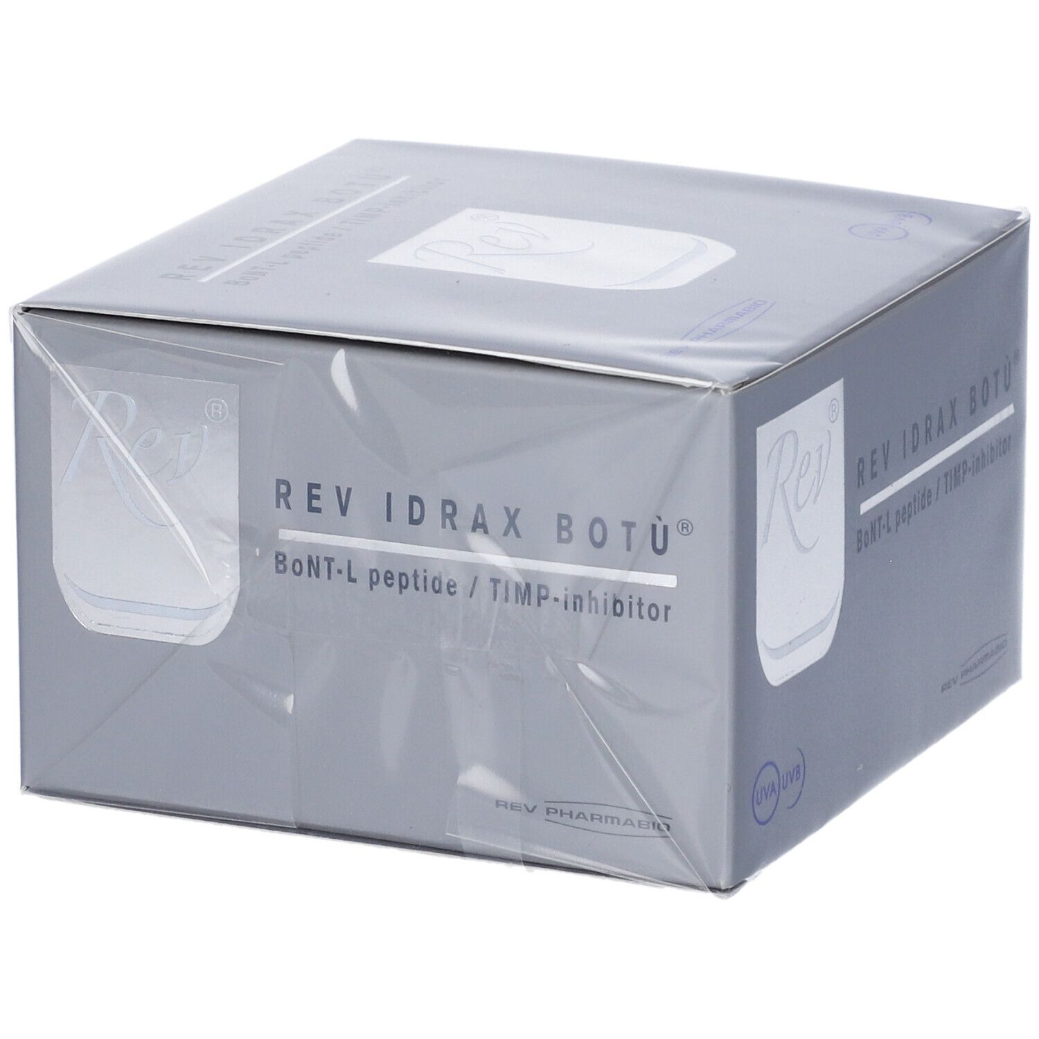 Emballage gris avec le nom du produit REV IDRAX BOTÙ. Texte: BoNT-L peptide / TIMP-inhibitor. Logo Rev.