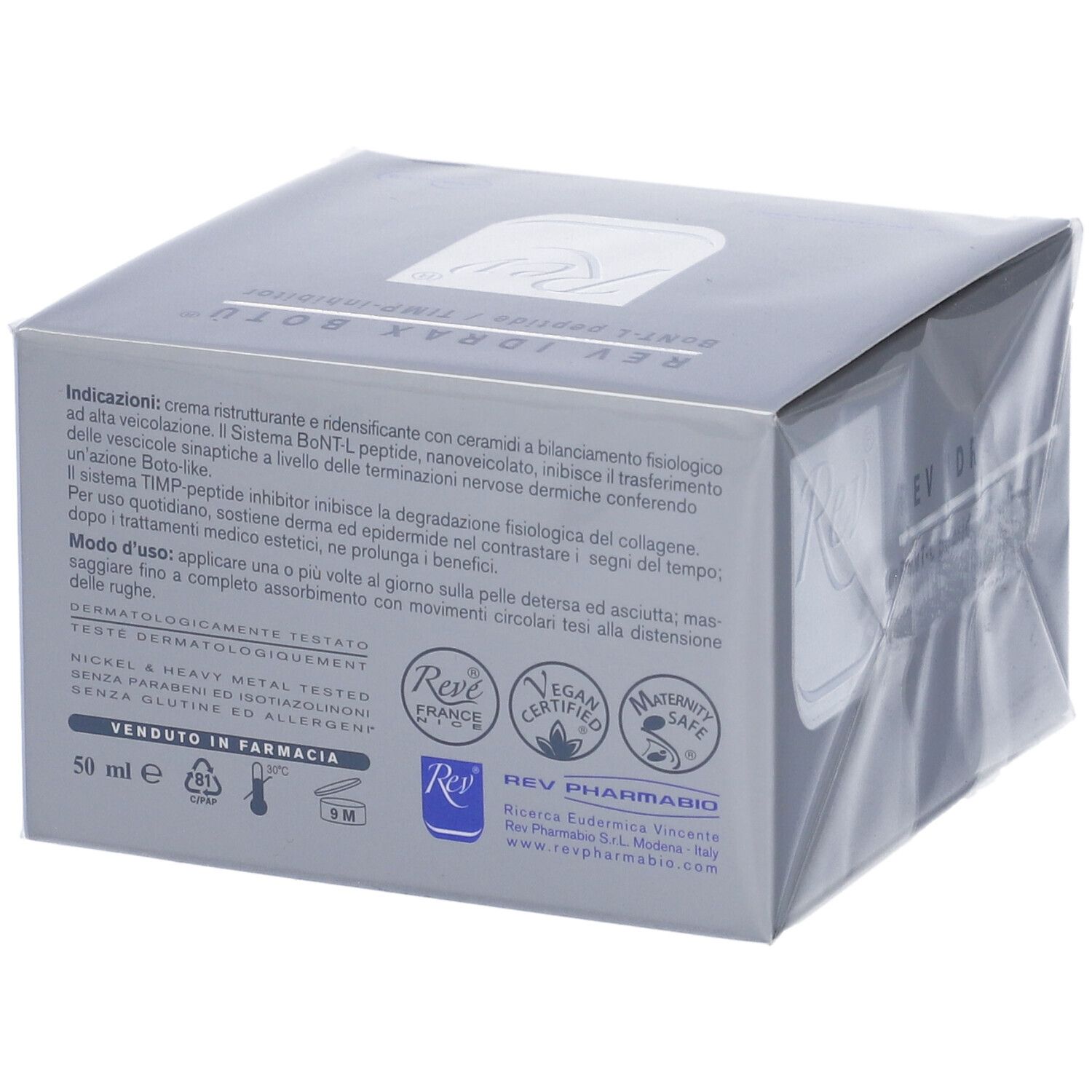 Emballage gris avec informations produit. Texte: REV IDRAX BOTÙ. Logo Rev. Certifications et indications.