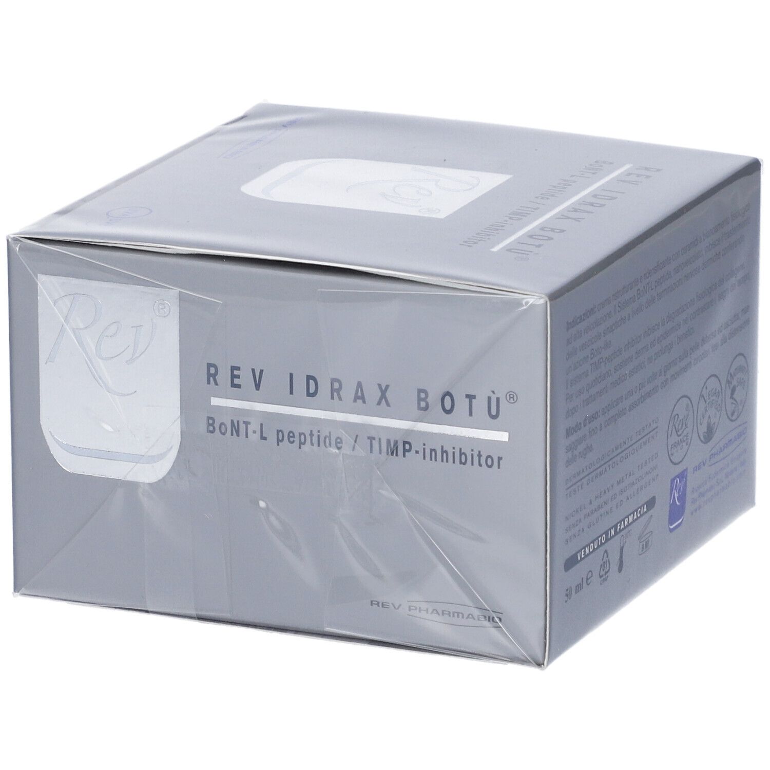 Emballage gris avec le nom du produit REV IDRAX BOTÙ. Texte: BoNT-L peptide / TIMP-inhibitor. Logo Rev.