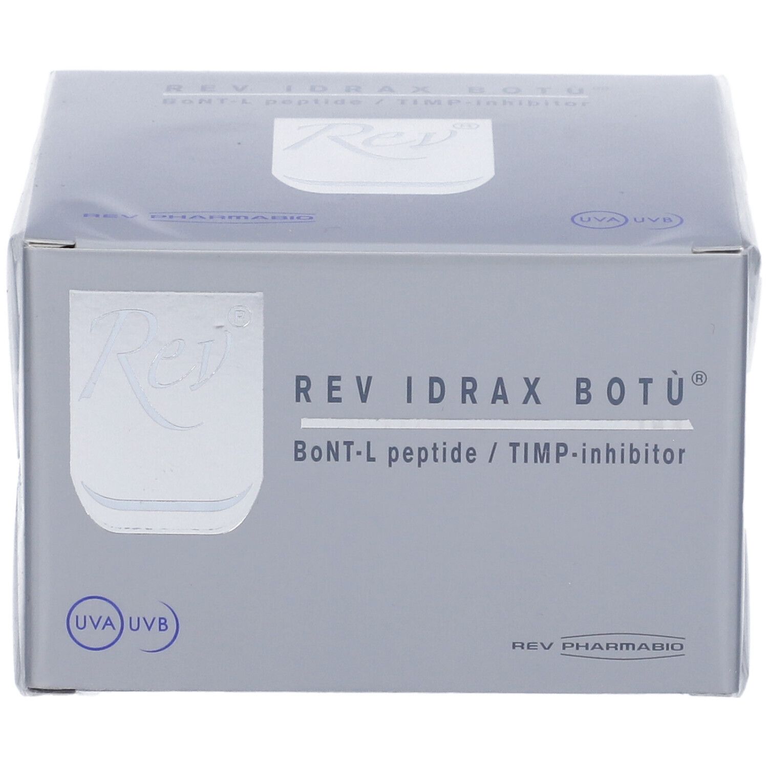 Emballage gris avec le nom du produit REV IDRAX BOTÙ. Texte: BoNT-L peptide / TIMP-inhibitor. Logo Rev.