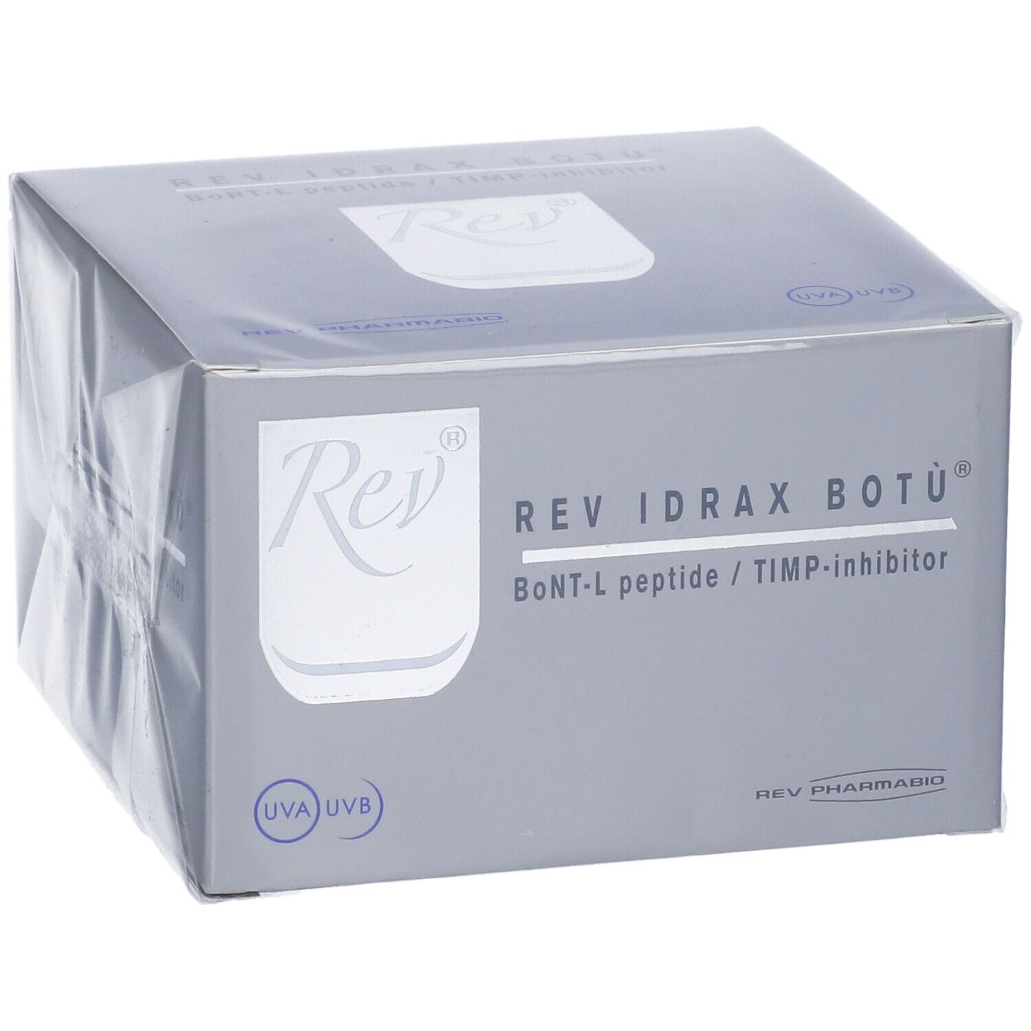 Emballage gris avec le nom du produit REV IDRAX BOTÙ. Texte: BoNT-L peptide / TIMP-inhibitor. Logo Rev.