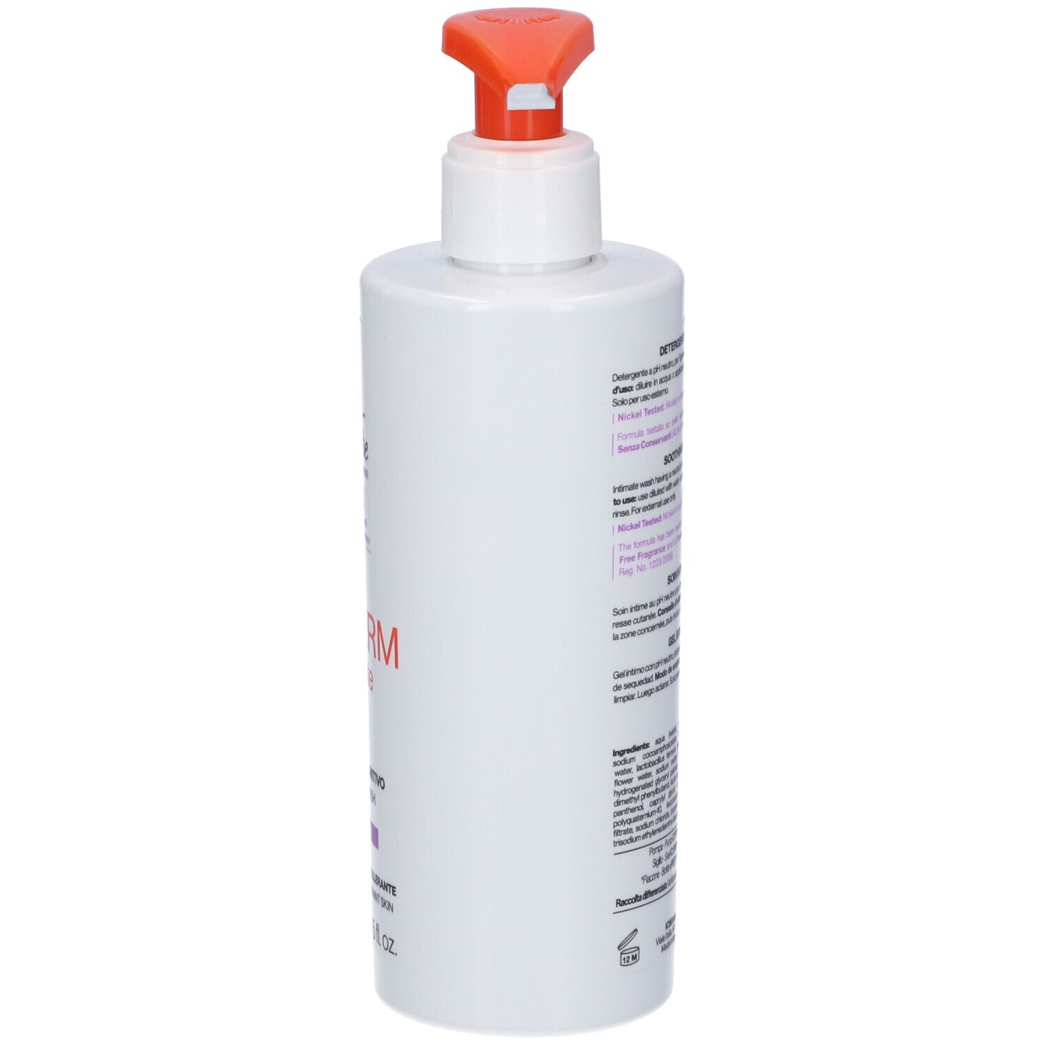 Flacon blanc, vue latérale. Inscription: TRIDERM Intimate. Texte en italien. Pompe orange. Marque: BioNike.
