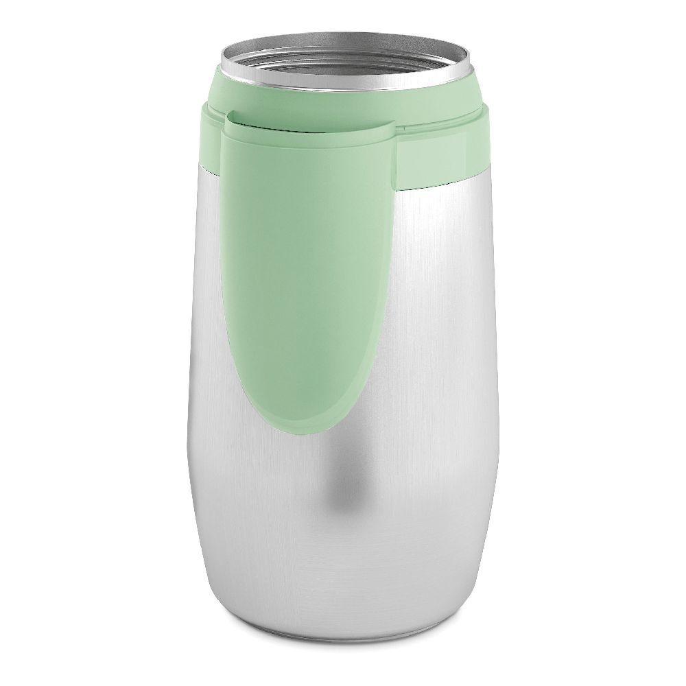 Thermos en argent avec poignée verte. Vert en haut, cylindrique. Aspect acier inoxydable.