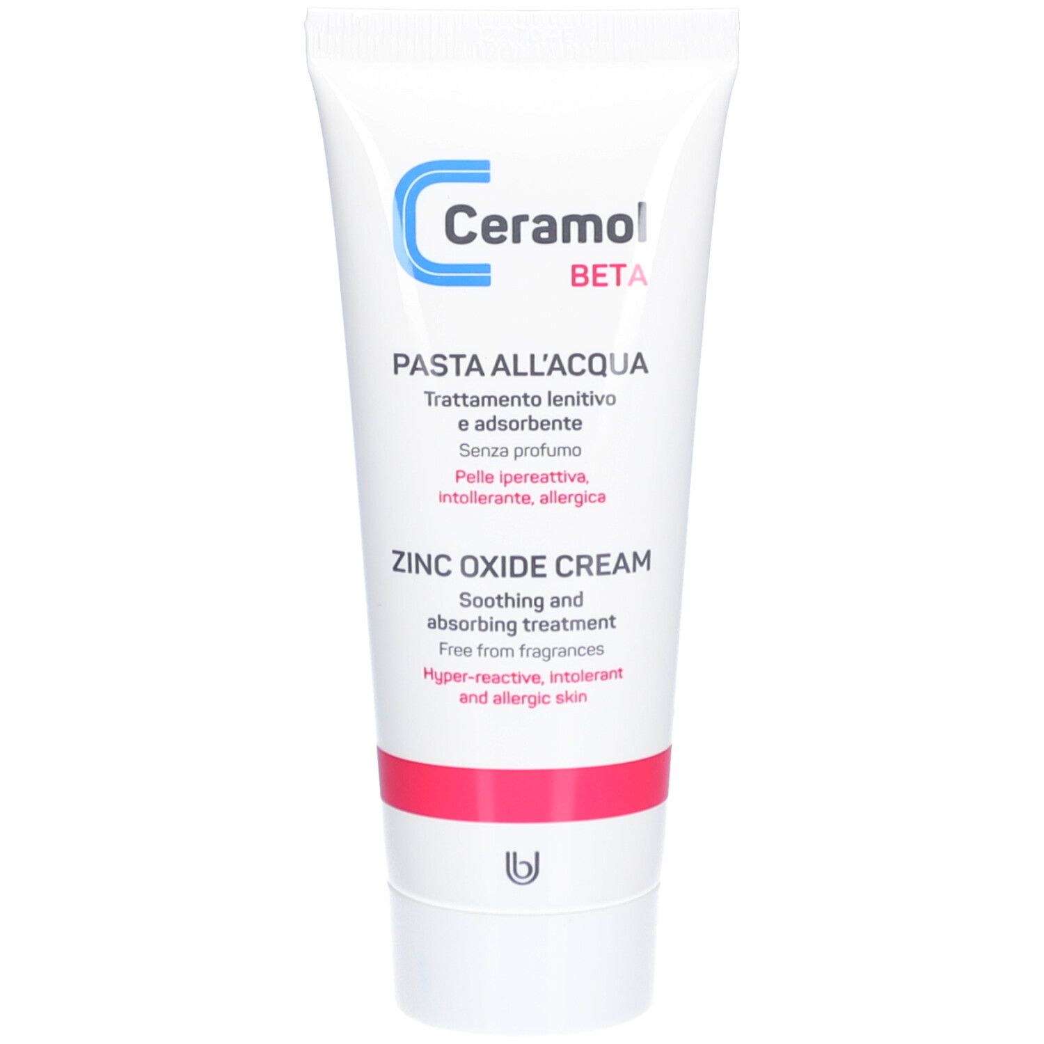 Tube blanc avec inscription Ceramol Beta, Pasta all'Acqua. Crème à l'oxyde de zinc. Traitement apaisant et absorbant. Sans parfum.