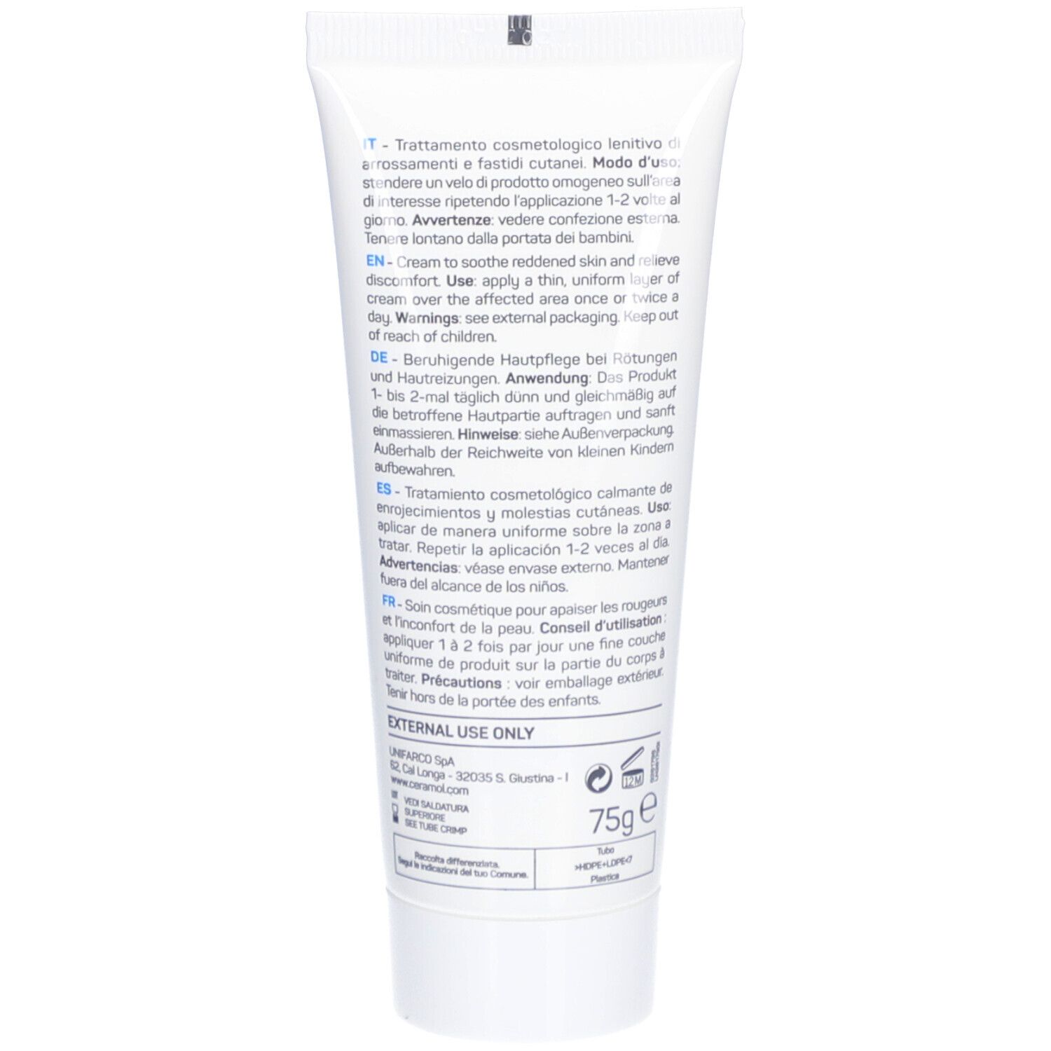 Dos du tube. Texte multilingue : instructions d'utilisation, ingrédients, avertissements. 75g. Unifarco Biomedical.