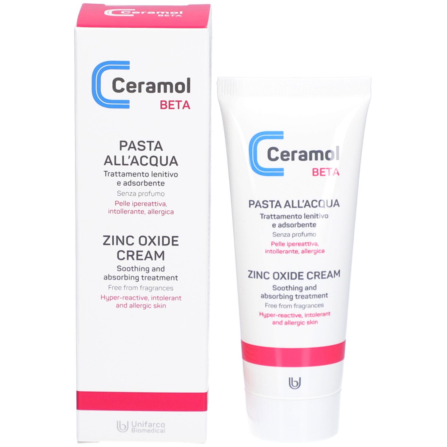 Tube et boîte de crème. Inscription : Ceramol Beta, Pasta all'Acqua. Crème à l'oxyde de zinc. Traitement apaisant et absorbant.