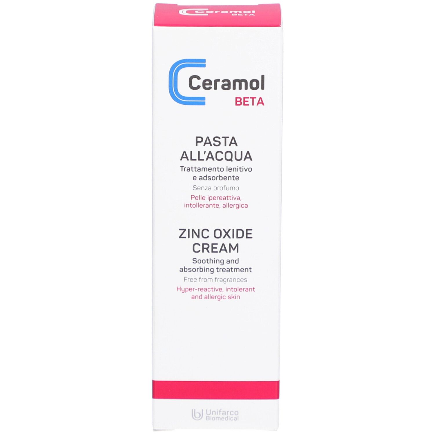 Boîte avec inscription Ceramol Beta, Pasta all'Acqua. Crème à l'oxyde de zinc. Traitement apaisant et absorbant. Sans parfum.