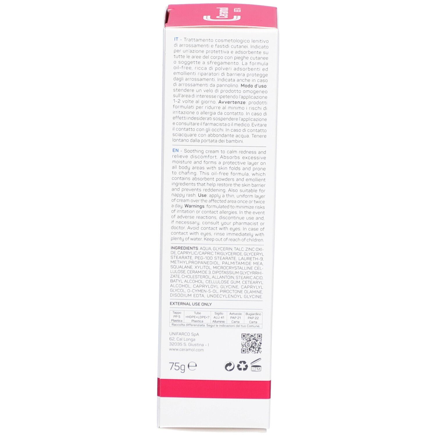 Dos de la boîte. Texte multilingue : instructions d'utilisation, ingrédients, avertissements. 75g. Unifarco Biomedical.
