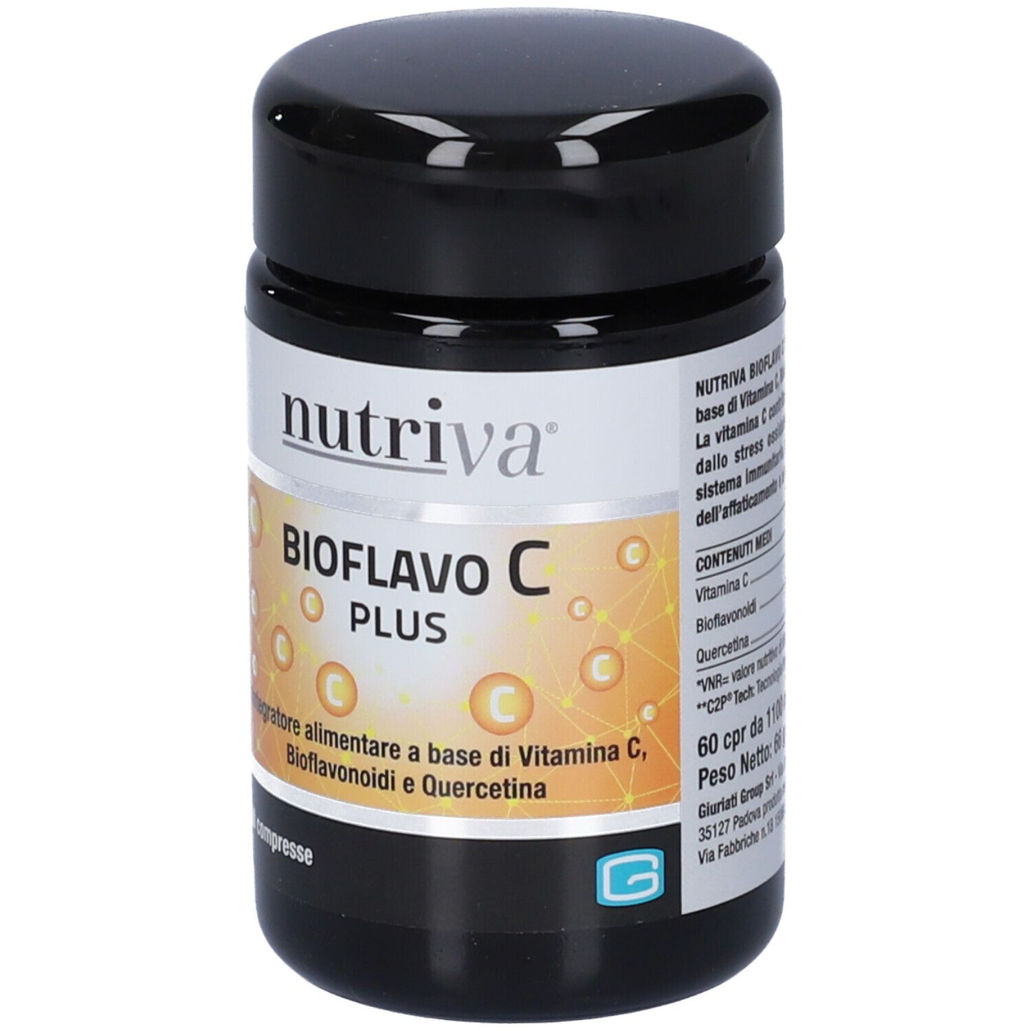 Gélules Nutriva Bioflavo C Plus dans une boîte noire. Complément alimentaire à base de vitamine C, bioflavonoïdes et quercétine.
