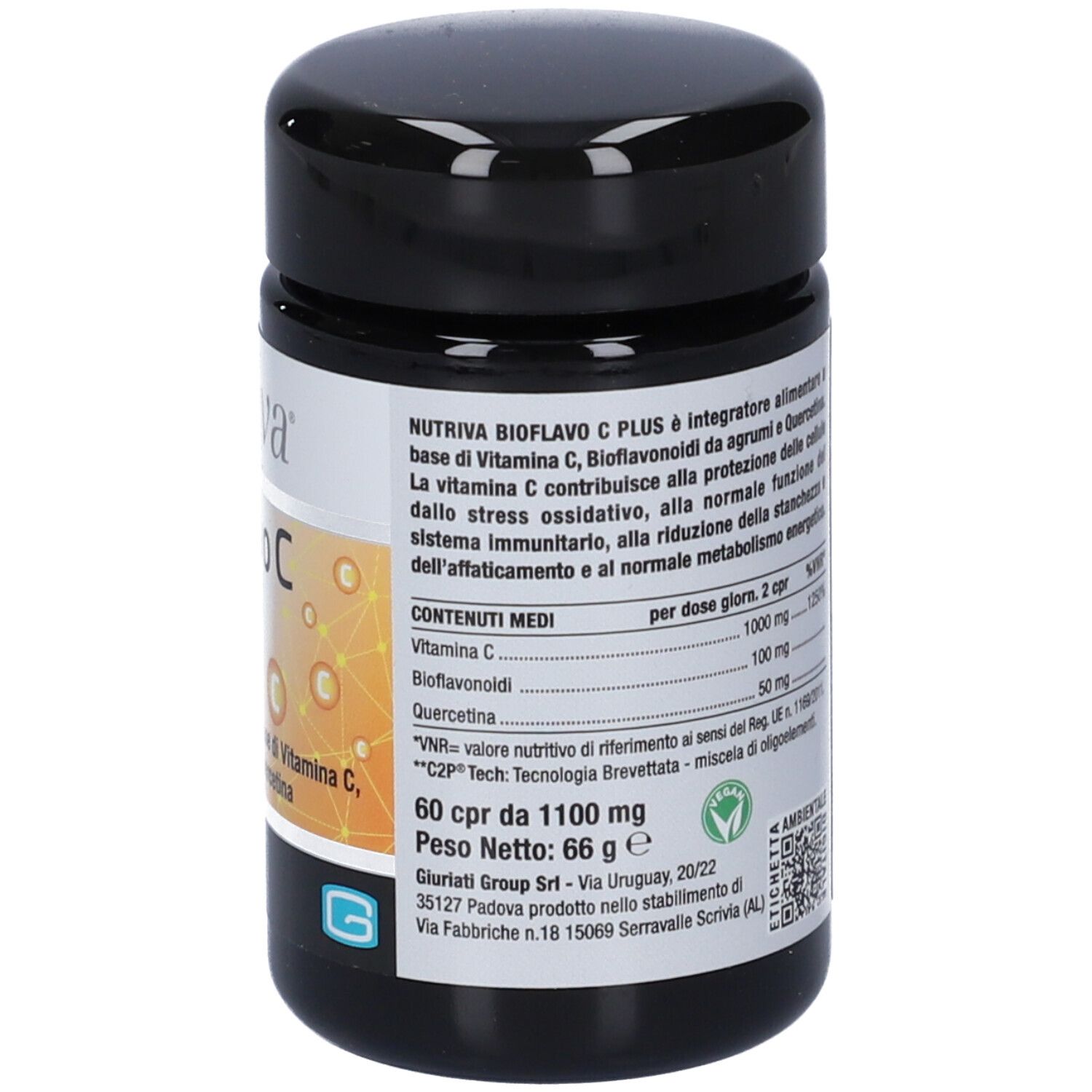 Arrière d'une boîte Nutriva Bioflavo C Plus avec informations nutritionnelles et ingrédients.