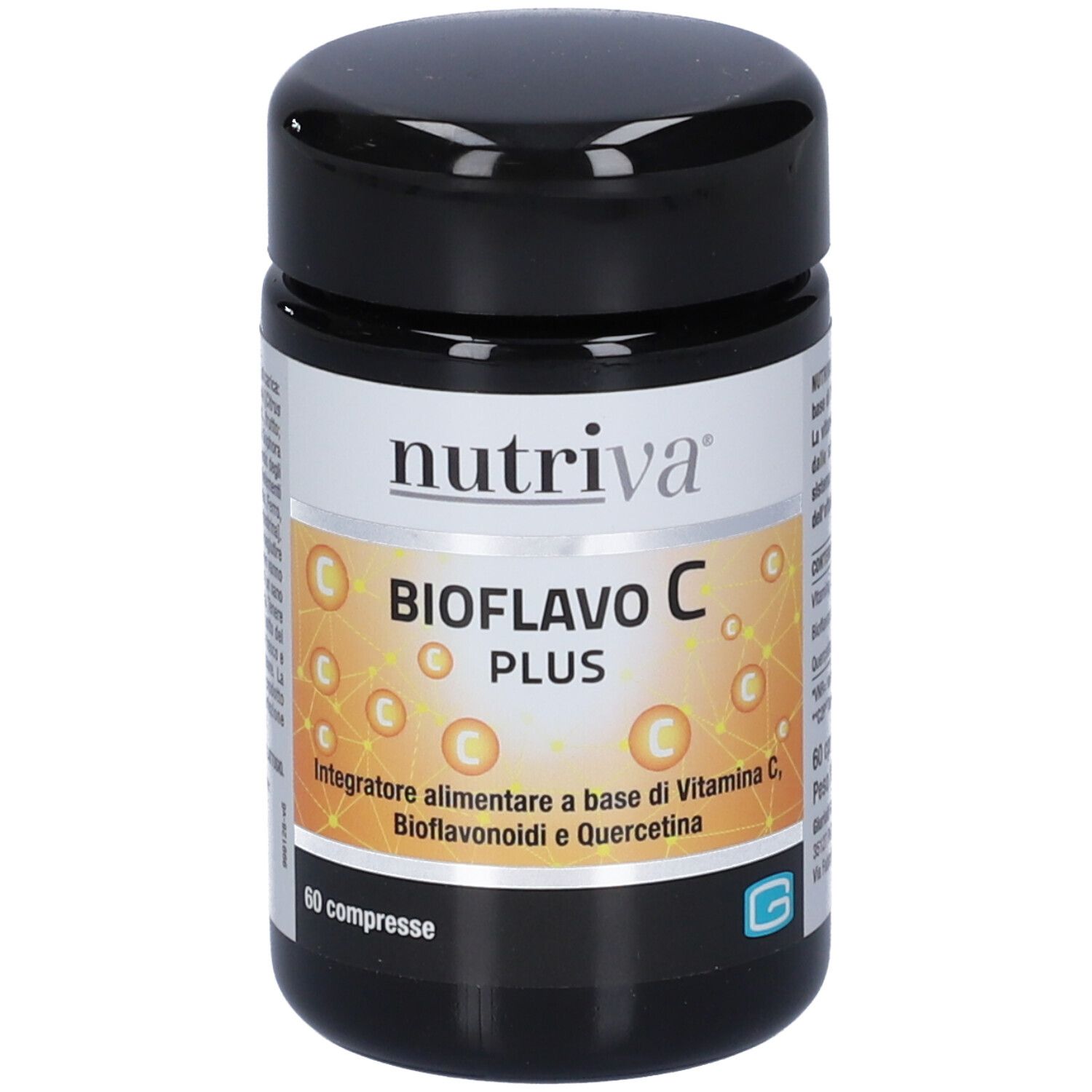 Complément alimentaire Nutriva Bioflavo C Plus dans une boîte noire avec étiquette blanche.