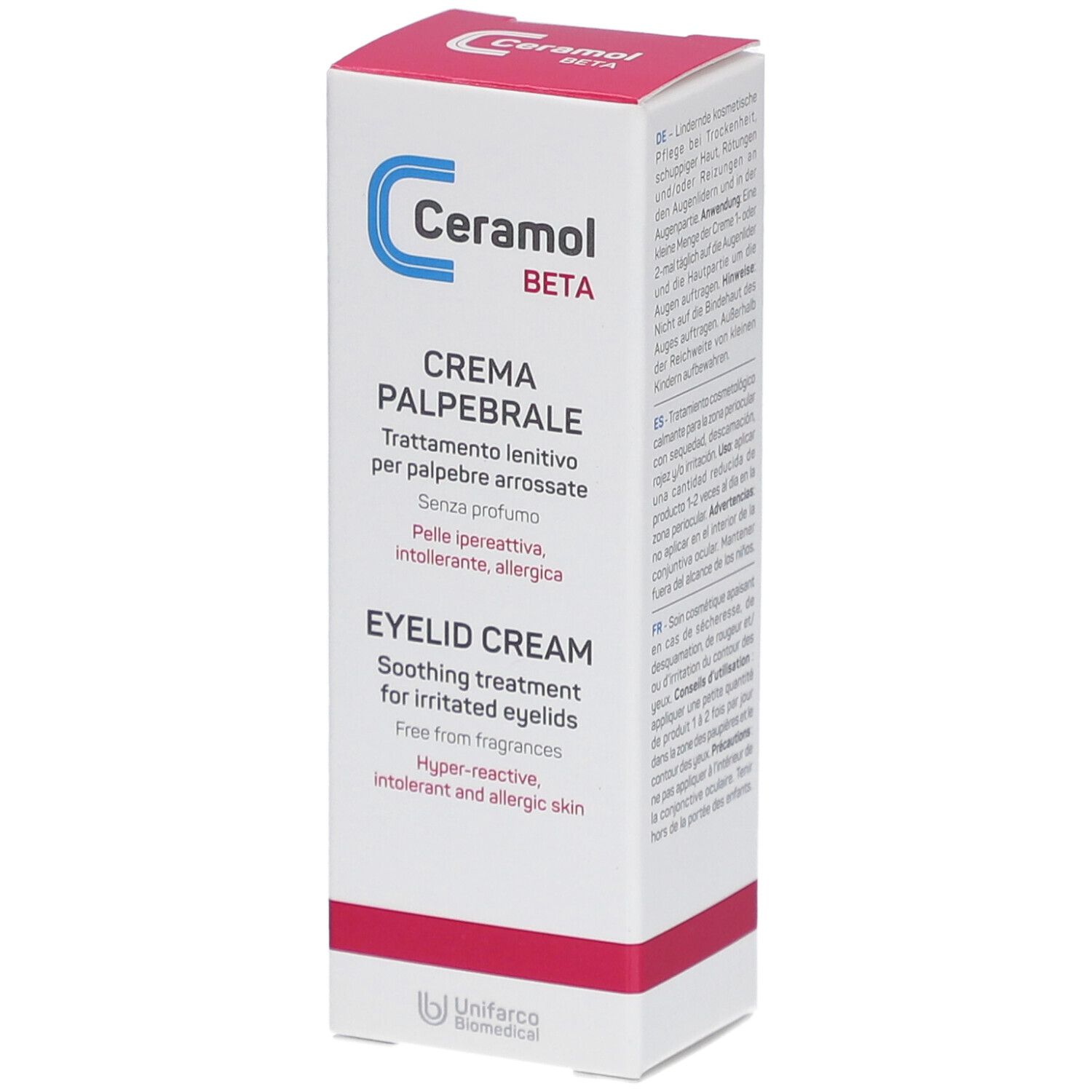 Boîte de Ceramol Beta Crème paupières. Carton blanc, texte rouge et bleu. Crème paupières, Eyelid Cream.