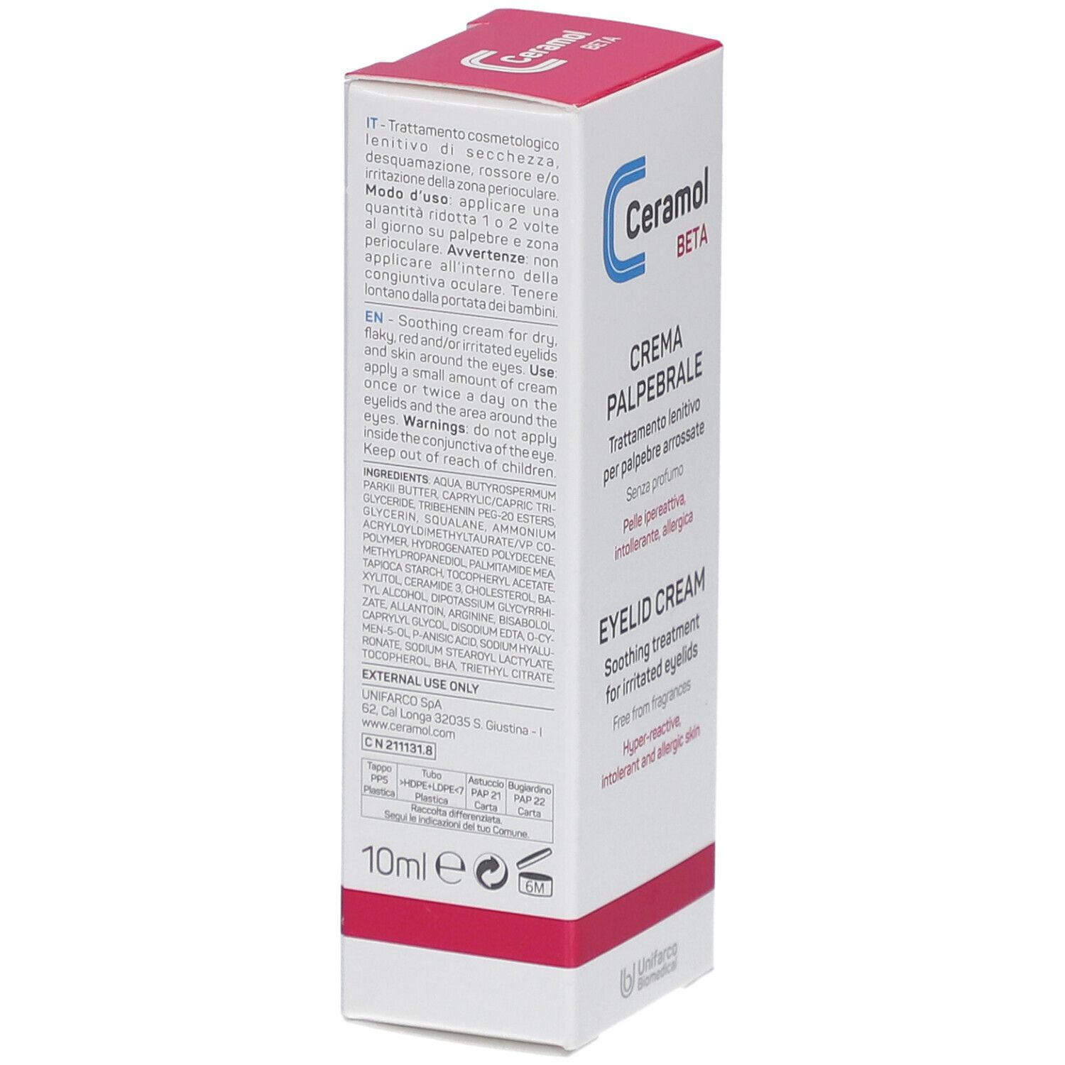 Dos de la boîte de Ceramol Beta Crème paupières. Texte multilingue. Texte: 10ml e.