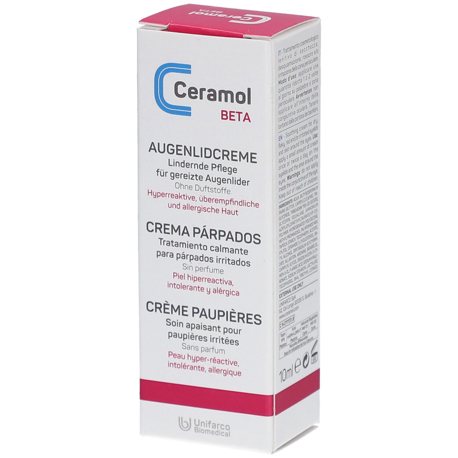 Boîte de Ceramol Beta Crème paupières. Carton blanc, texte rouge et bleu. Crème paupières, Crema párpados.