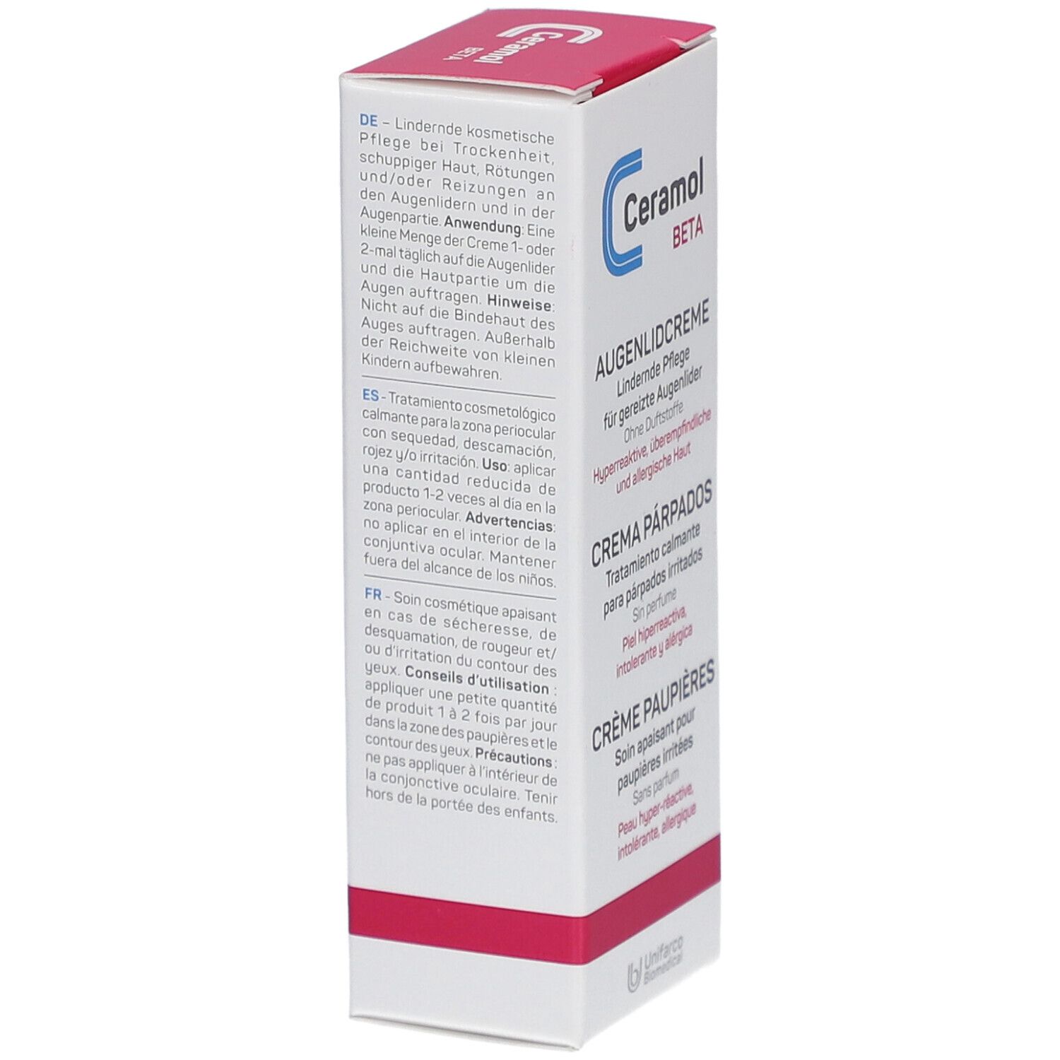 Côté de la boîte de Ceramol Beta Crème paupières. Texte multilingue. Texte: Crème paupières, Crema párpados.
