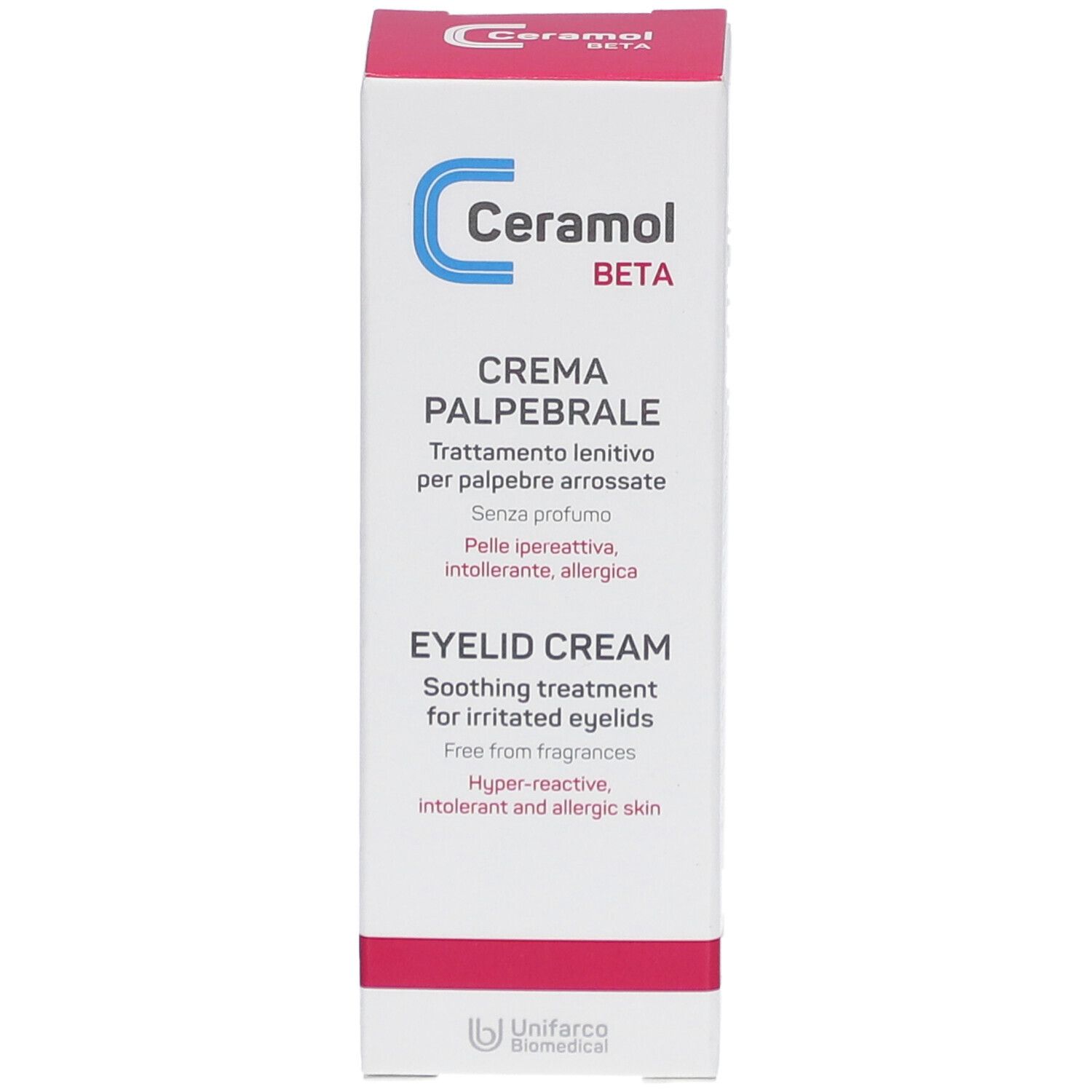 Boîte de Ceramol Beta Crème paupières. Carton blanc, texte rouge et bleu. Crème paupières, Eyelid Cream.