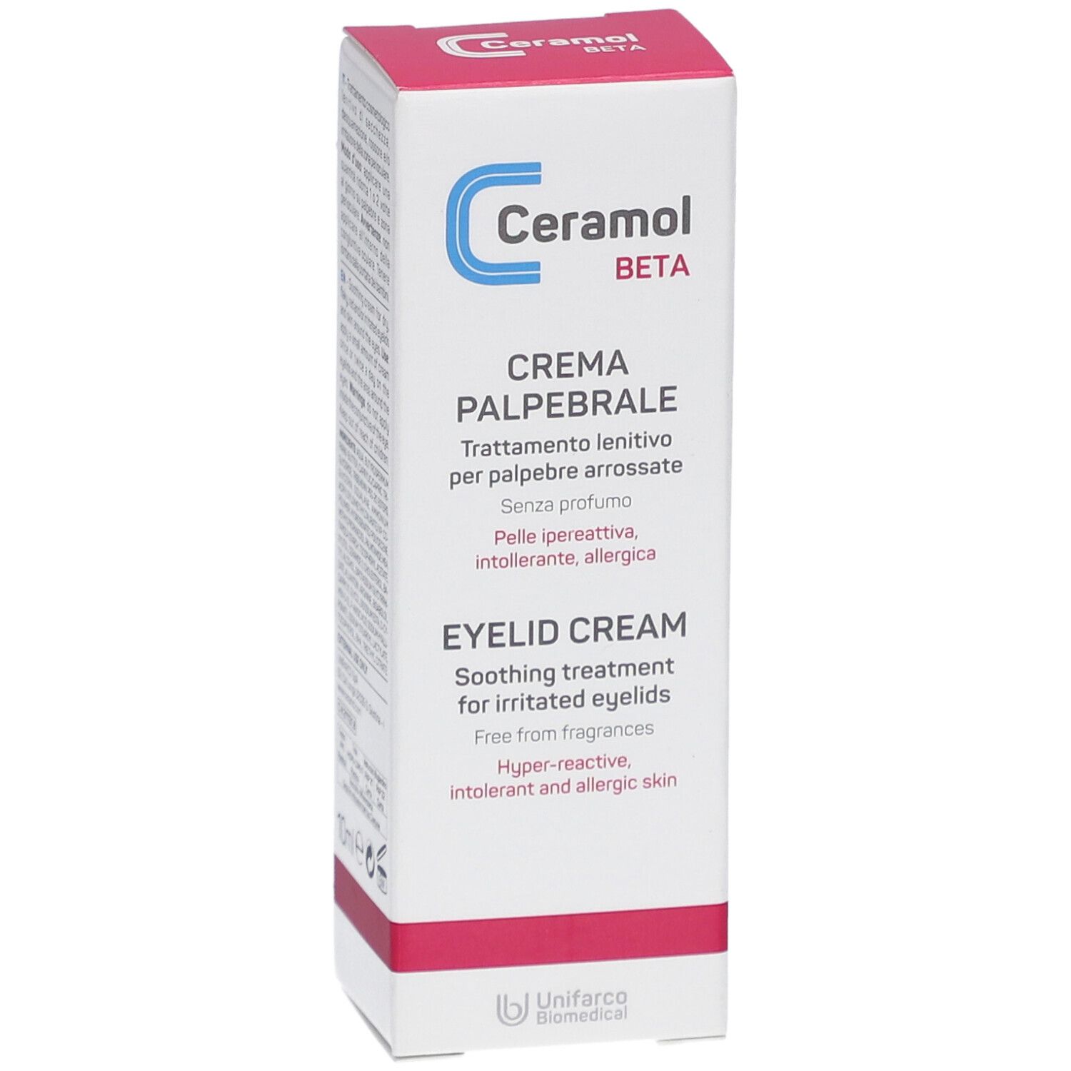 Boîte de Ceramol Beta Crème paupières. Carton blanc, texte rouge et bleu. Crème paupières, Eyelid Cream.