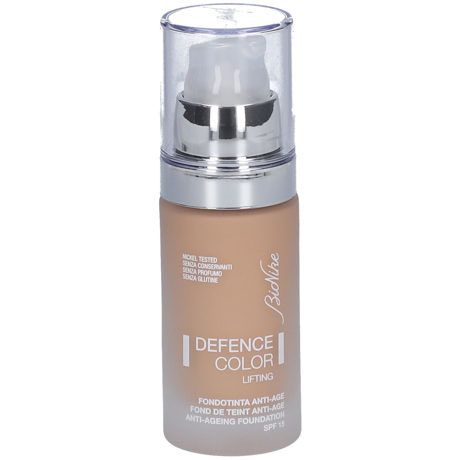 Fond de teint anti-âge BioNike Defence Color Lifting. Teinte beige. Flacon avec pompe. Inscription: Defence Color Lifting, Anti-Ageing Foundation.