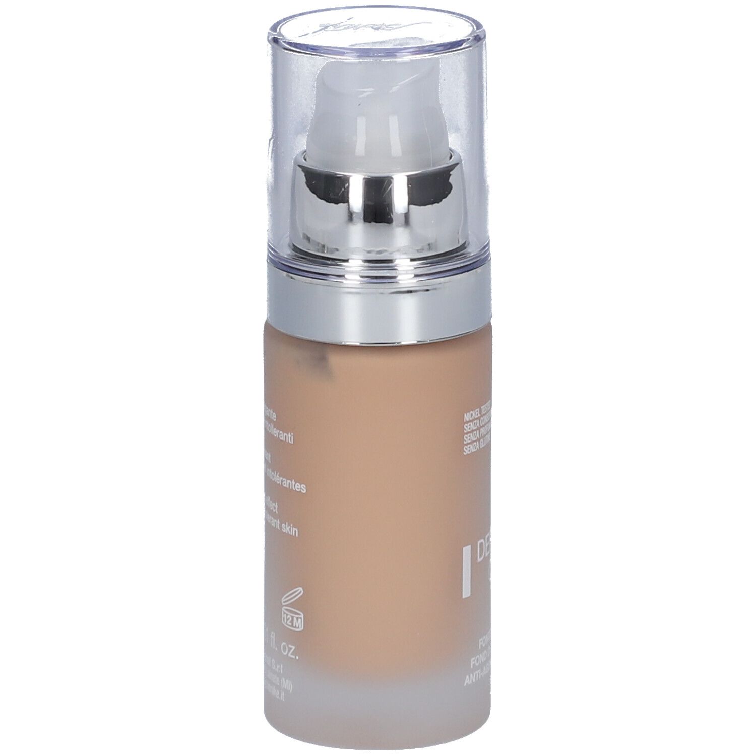 Fond de teint anti-âge BioNike Defence Color Lifting. Teinte beige. Flacon avec pompe. Inscription: Defence Color Lifting, Anti-Ageing Foundation.
