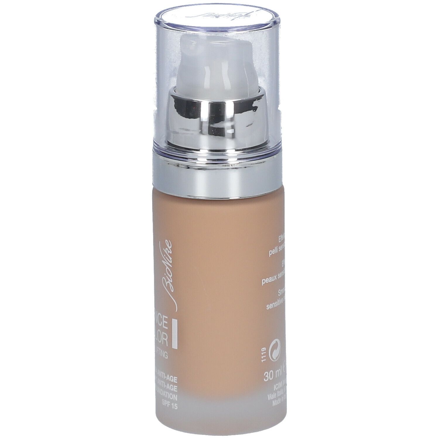 Fond de teint BioNike Defence Color Lifting. Teinte beige. Flacon avec pompe. Inscription: Defence Color Lifting, 30 ml.