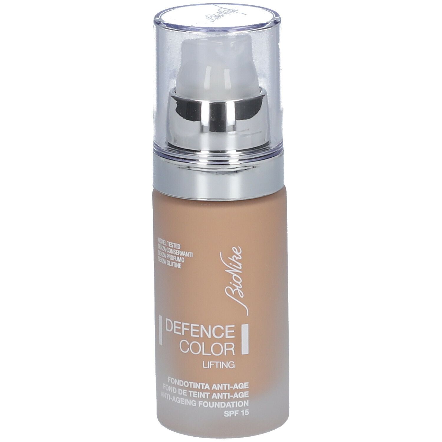 Fond de teint BioNike Defence Color Lifting. Teinte beige. Flacon avec pompe. Inscription: Defence Color Lifting, Anti-Ageing Foundation, SPF 15.