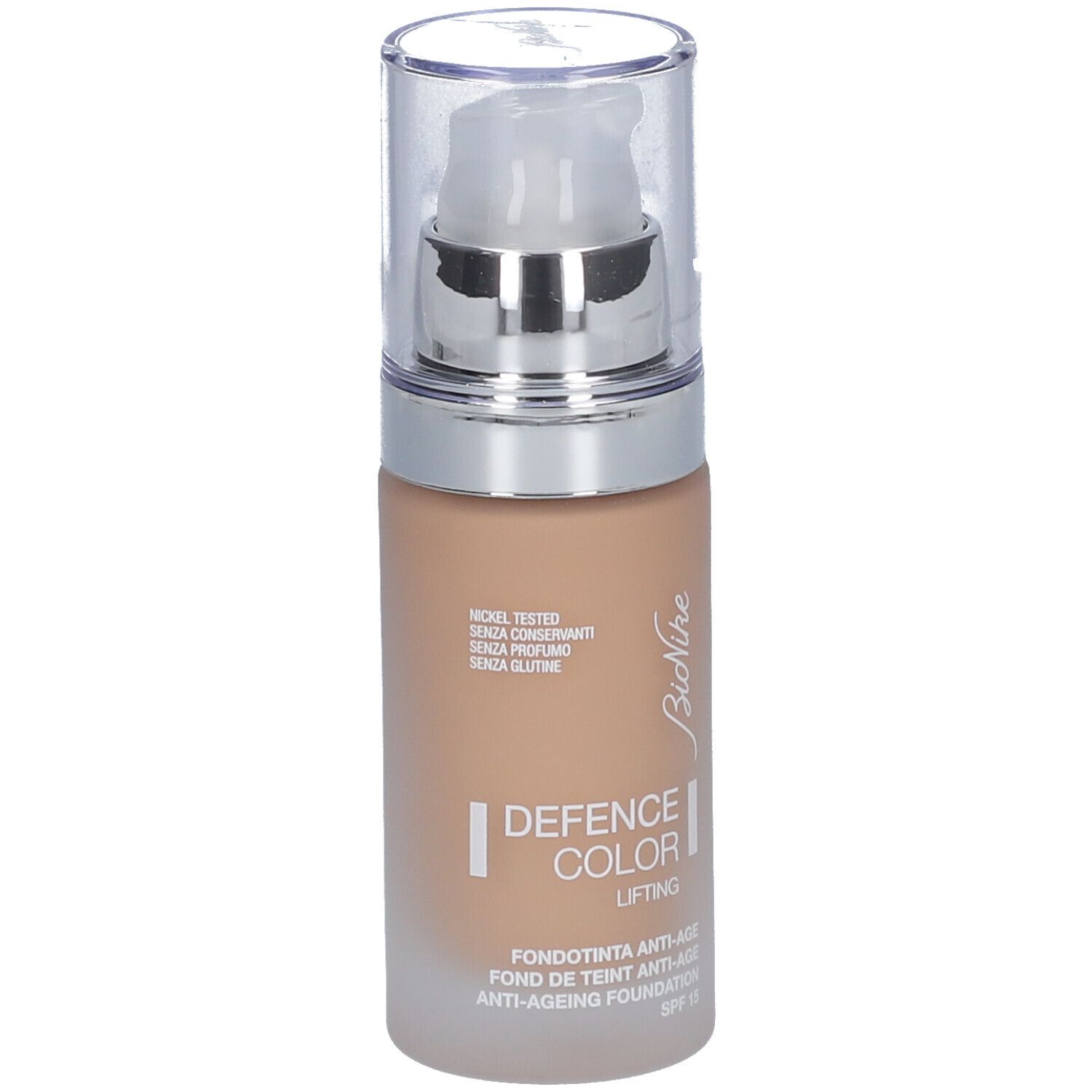 Fond de teint BioNike Defence Color Lifting. Teinte beige. Flacon avec pompe. Inscription: Defence Color Lifting, Anti-Ageing Foundation, SPF 15.