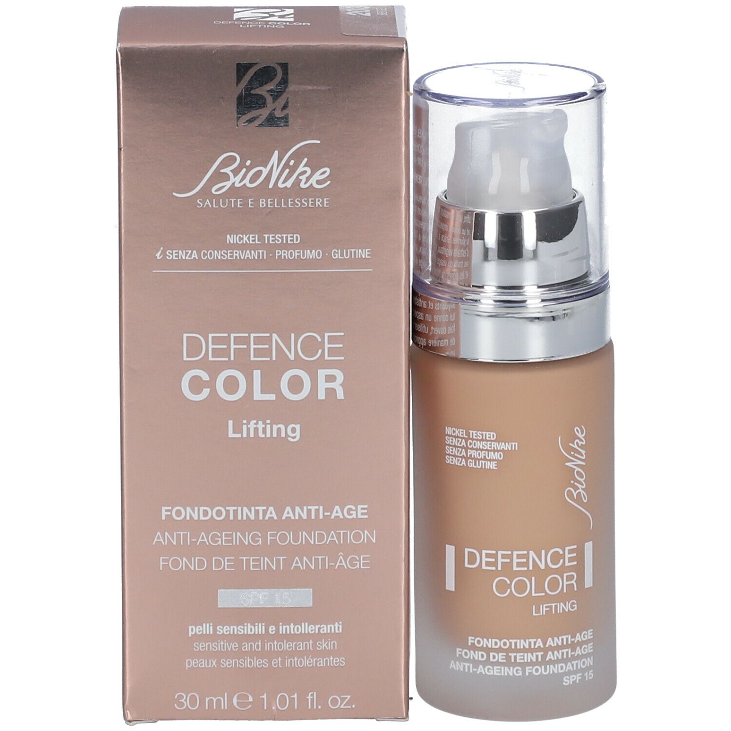 BioNike Defence Color Lifting. Teinte beige. Flacon et emballage. Inscription: Defence Color Lifting, Anti-Ageing Foundation, 30 ml.