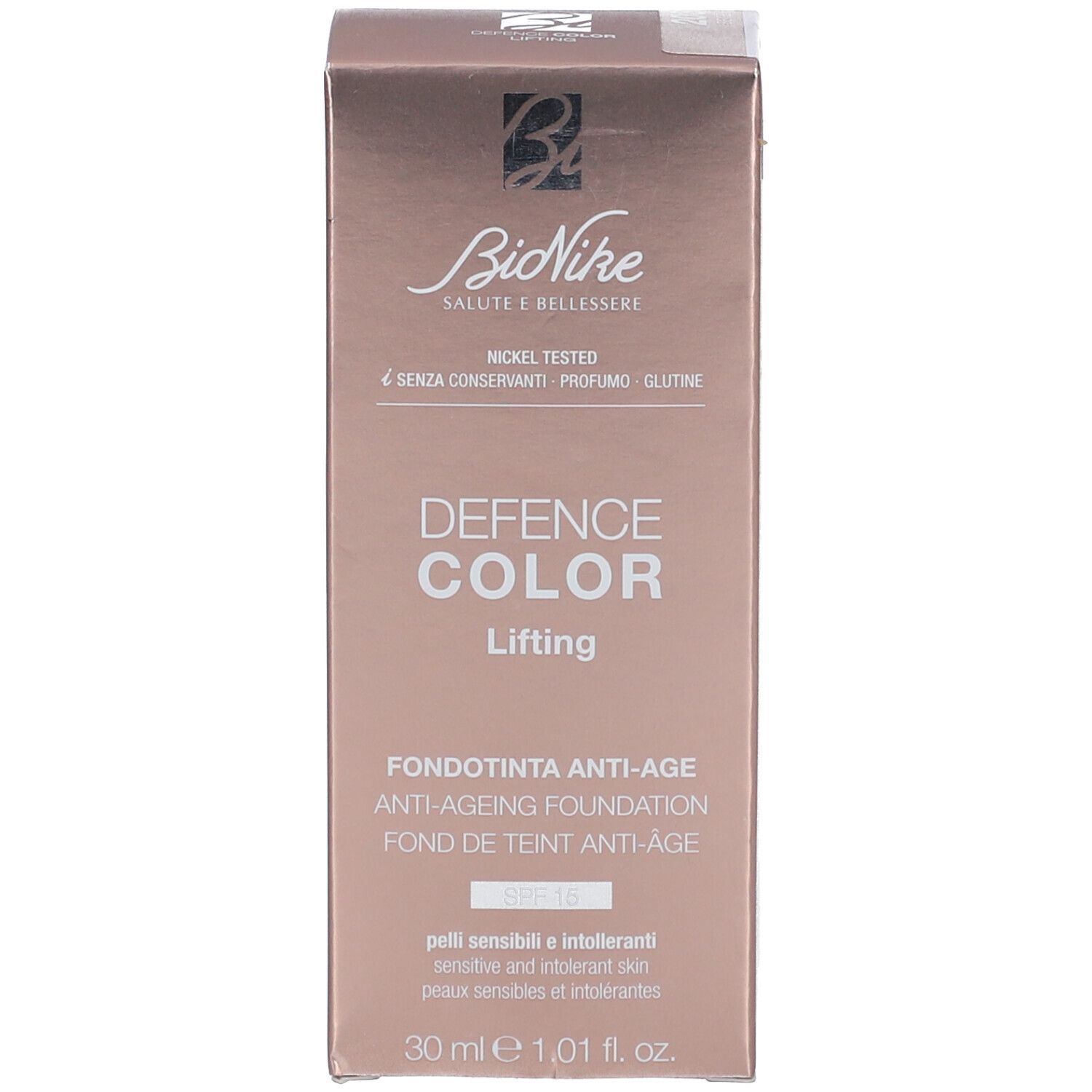 Emballage de BioNike Defence Color Lifting. Inscription: Defence Color Lifting, Anti-Ageing Foundation, 30 ml, 1.01 fl. oz.
