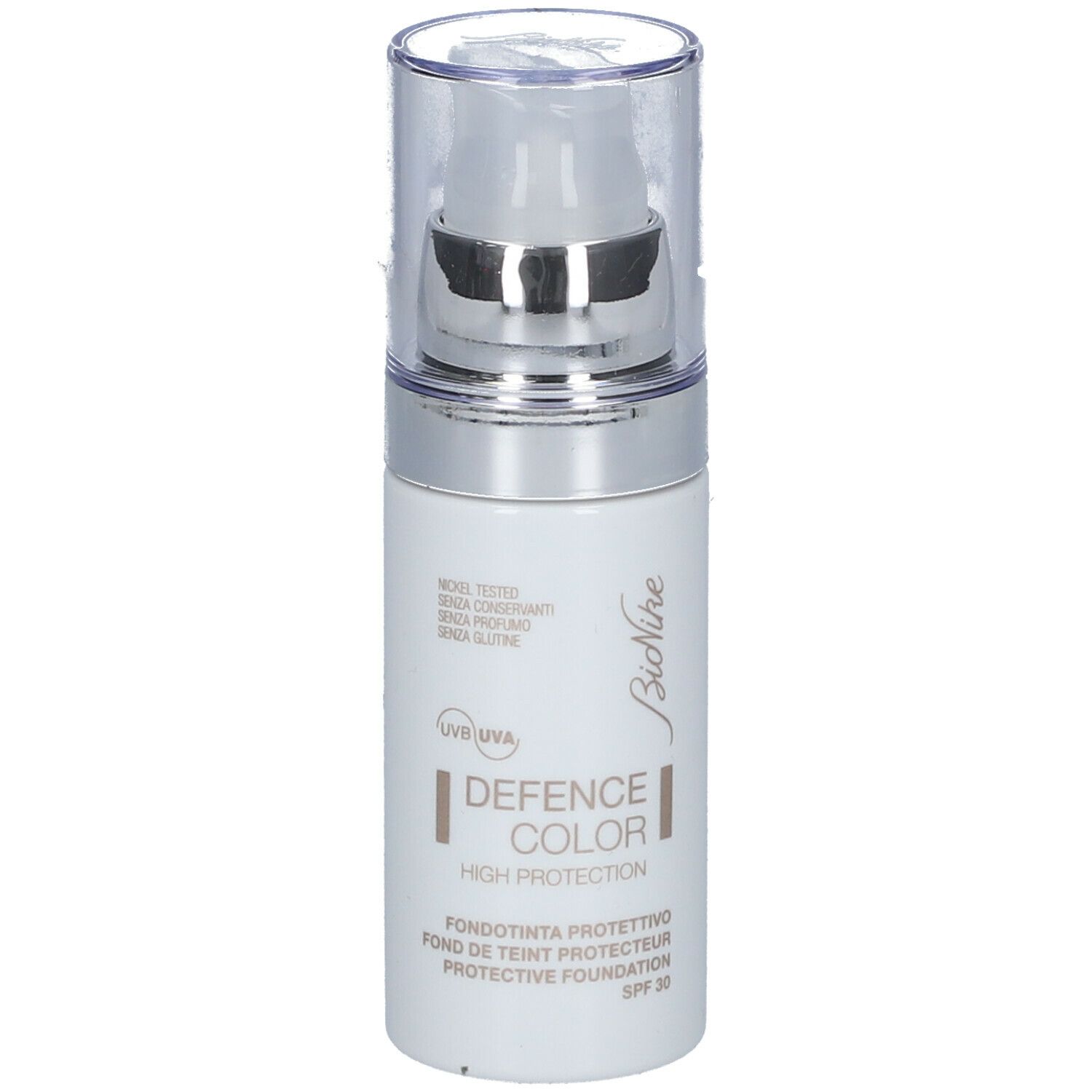 BioNike DEFENCE COLOR PRIMER. Flacon blanc avec pompe. Texte: DEFENCE COLOR, High Protection, SPF 30.