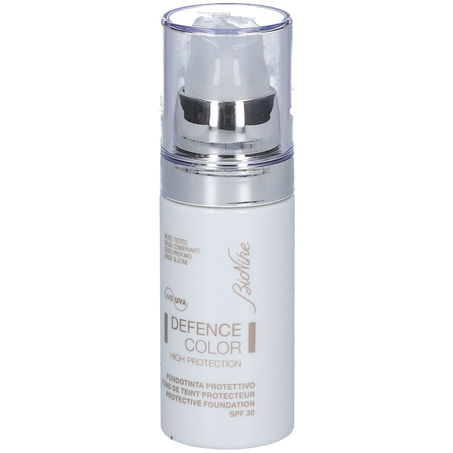 BioNike DEFENCE COLOR PRIMER. Flacon blanc. Texte: DEFENCE COLOR, High Protection, SPF 30.