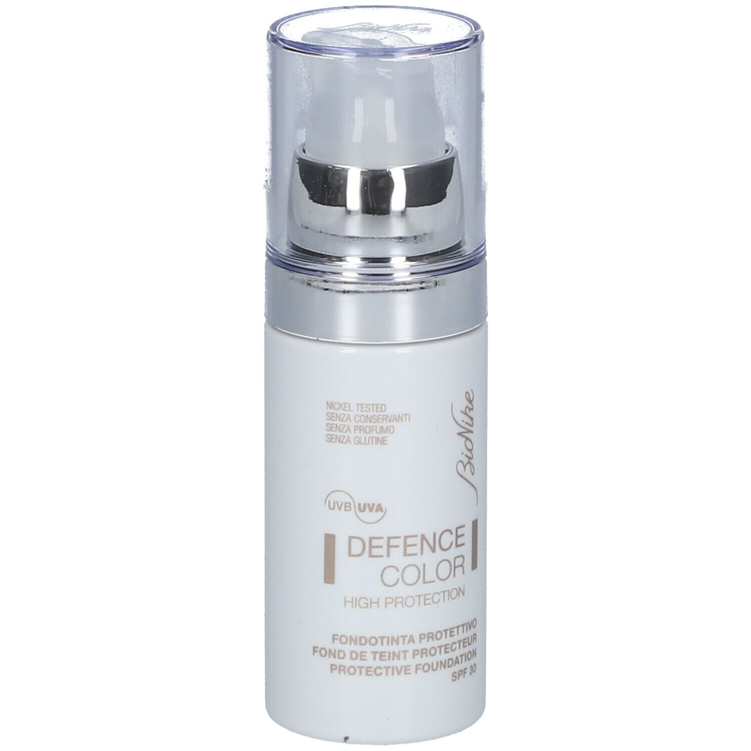 BioNike DEFENCE COLOR PRIMER. Flacon blanc. Texte: DEFENCE COLOR, High Protection, SPF 30.