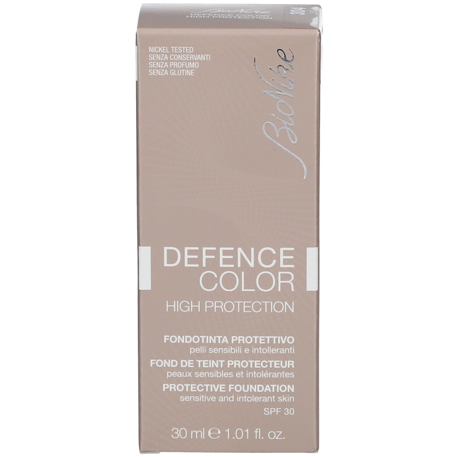 Emballage BioNike DEFENCE COLOR PRIMER. Texte: DEFENCE COLOR, High Protection, SPF 30, 30 ml.