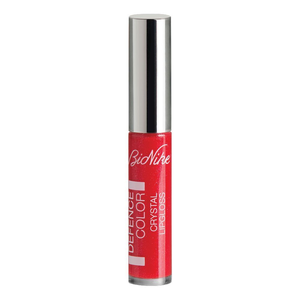 Gloss à lèvres rouge avec bouchon argenté. Inscription: DEFENCE COLOR CRYSTAL LIPGLOSS. Marque: BioNike.