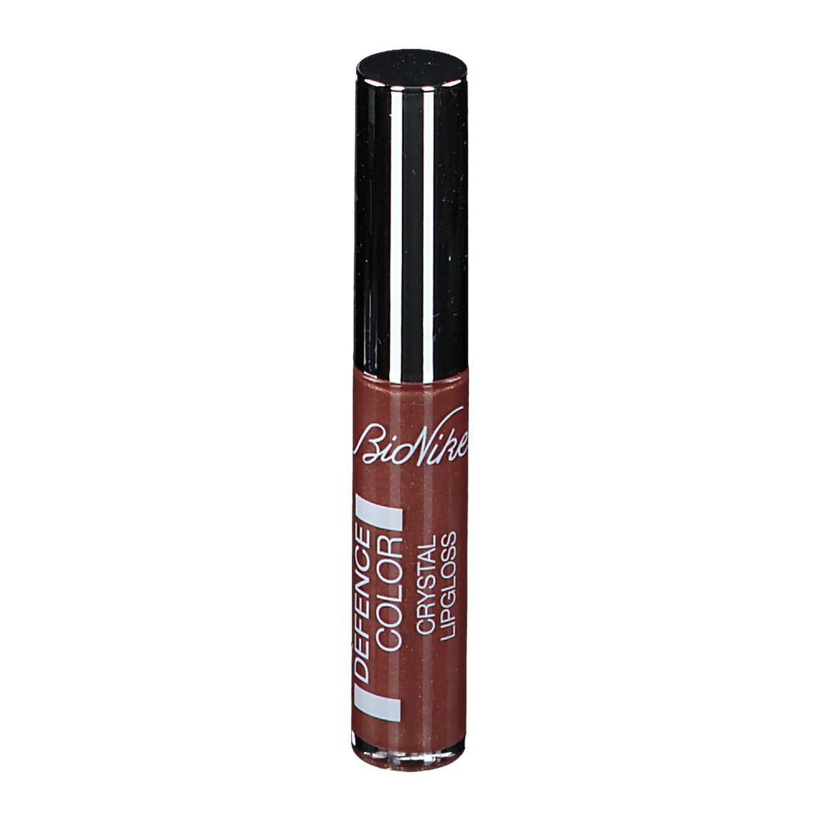 Gloss à lèvres brun avec bouchon argenté. Inscription: DEFENCE COLOR CRYSTAL LIPGLOSS.