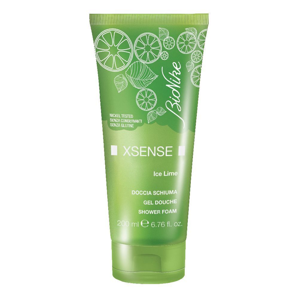 Tube verte "BioNike Xsense Ice Lime". Illustrations de citrons verts. Texte "Gel douche".