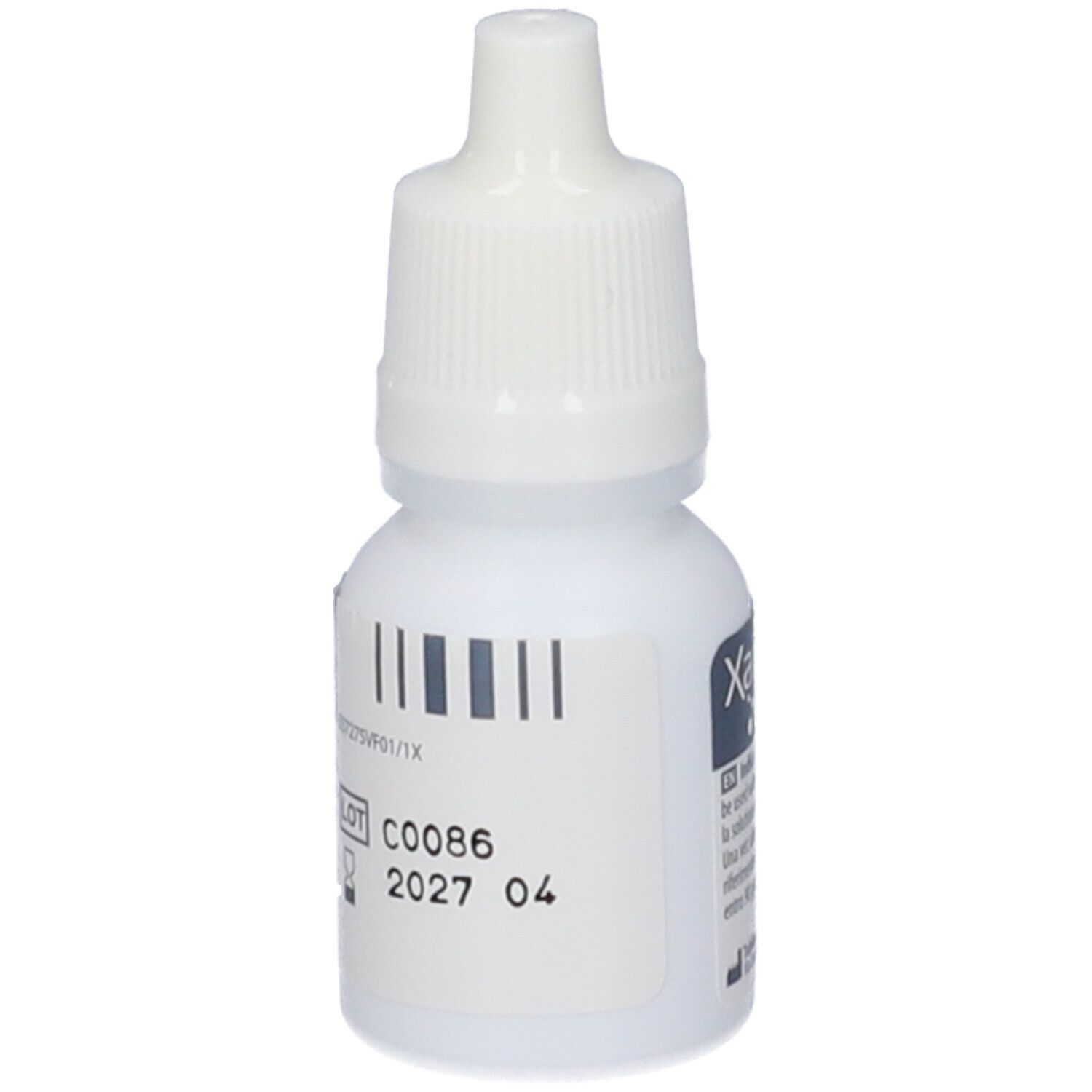 Flacon blanc de gouttes ophtalmiques avec bouchon blanc. Code-barres et numéro de lot. Texte en plusieurs langues.