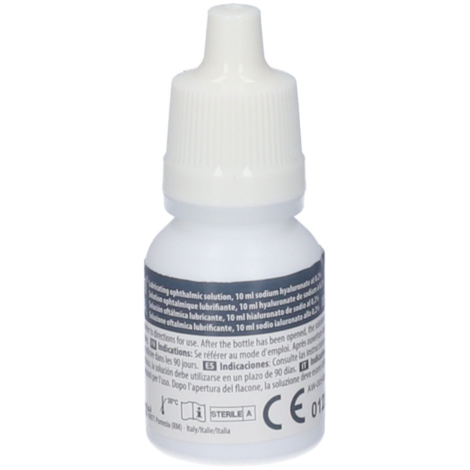 Flacon blanc de gouttes ophtalmiques avec bouchon blanc. Texte en plusieurs langues. Marquage CE.