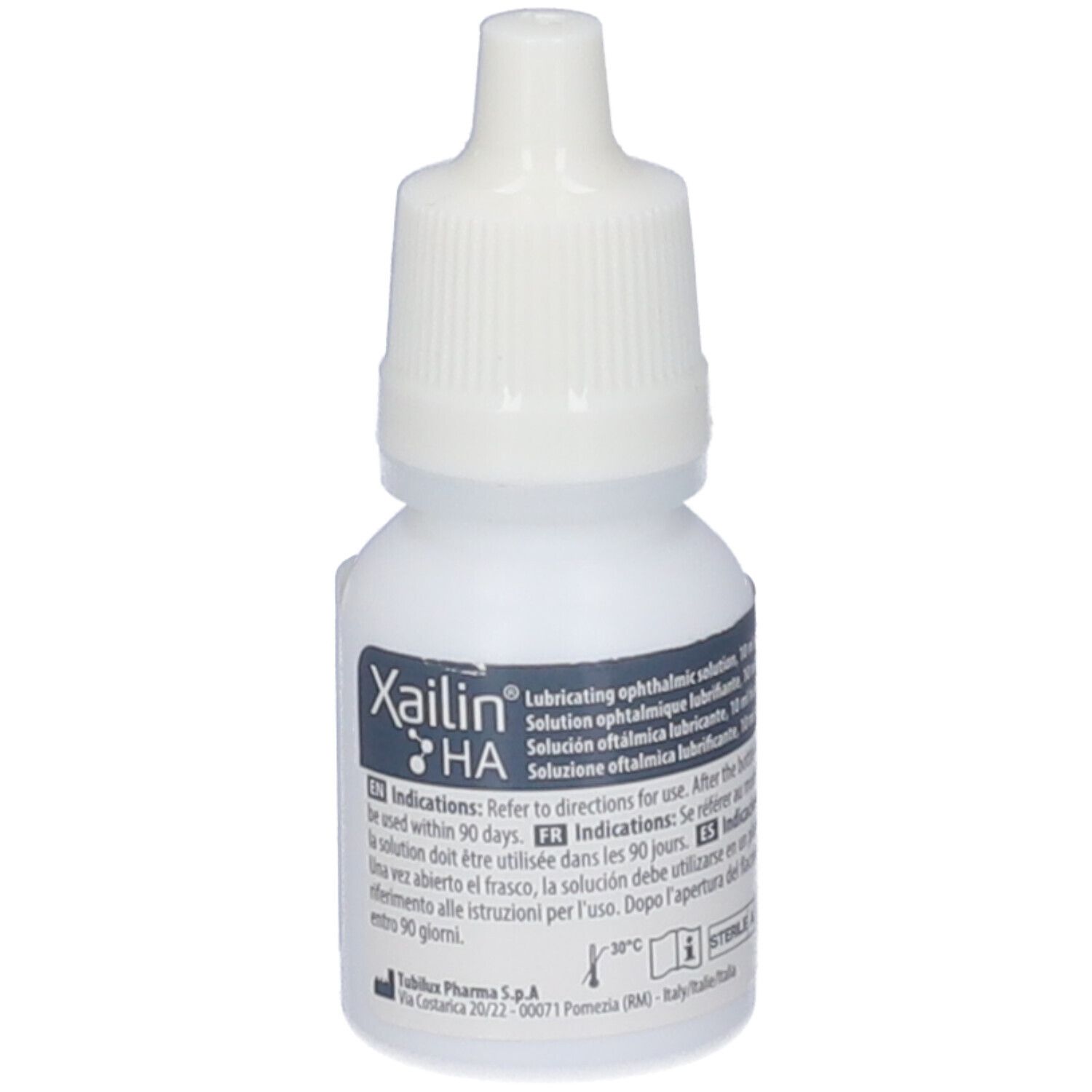 Flacon blanc de gouttes ophtalmiques avec bouchon blanc. Inscription : Xailin HA. Texte en plusieurs langues.