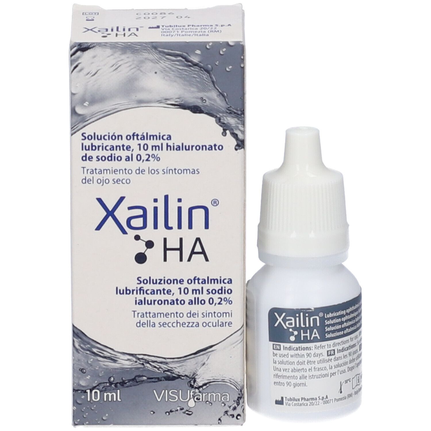 Emballage et flacon de gouttes ophtalmiques. Emballage avec logo Xailin HA et texte. Flacon à côté.