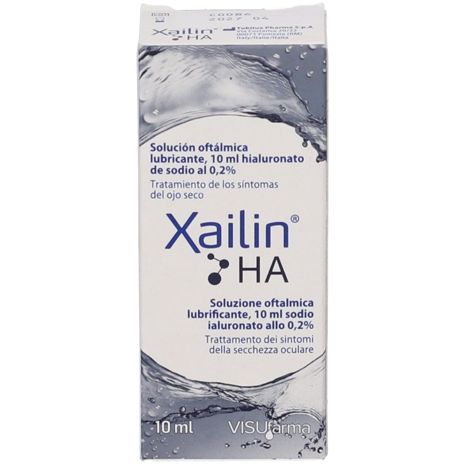 Emballage avec logo Xailin HA et texte. Vagues bleues en arrière-plan. 10 ml.