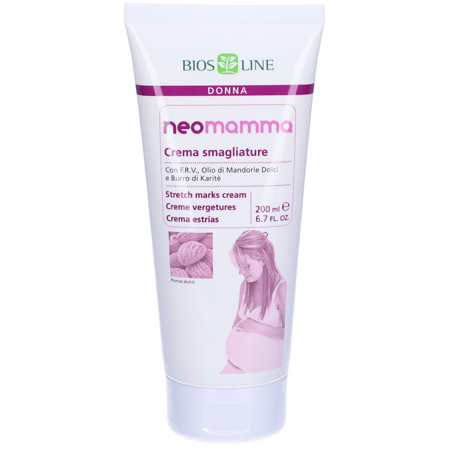 Tube de crème NeoMamma. Inscriptions en italien et anglais. Illustration d'une femme enceinte. Marque BIOSLINE.