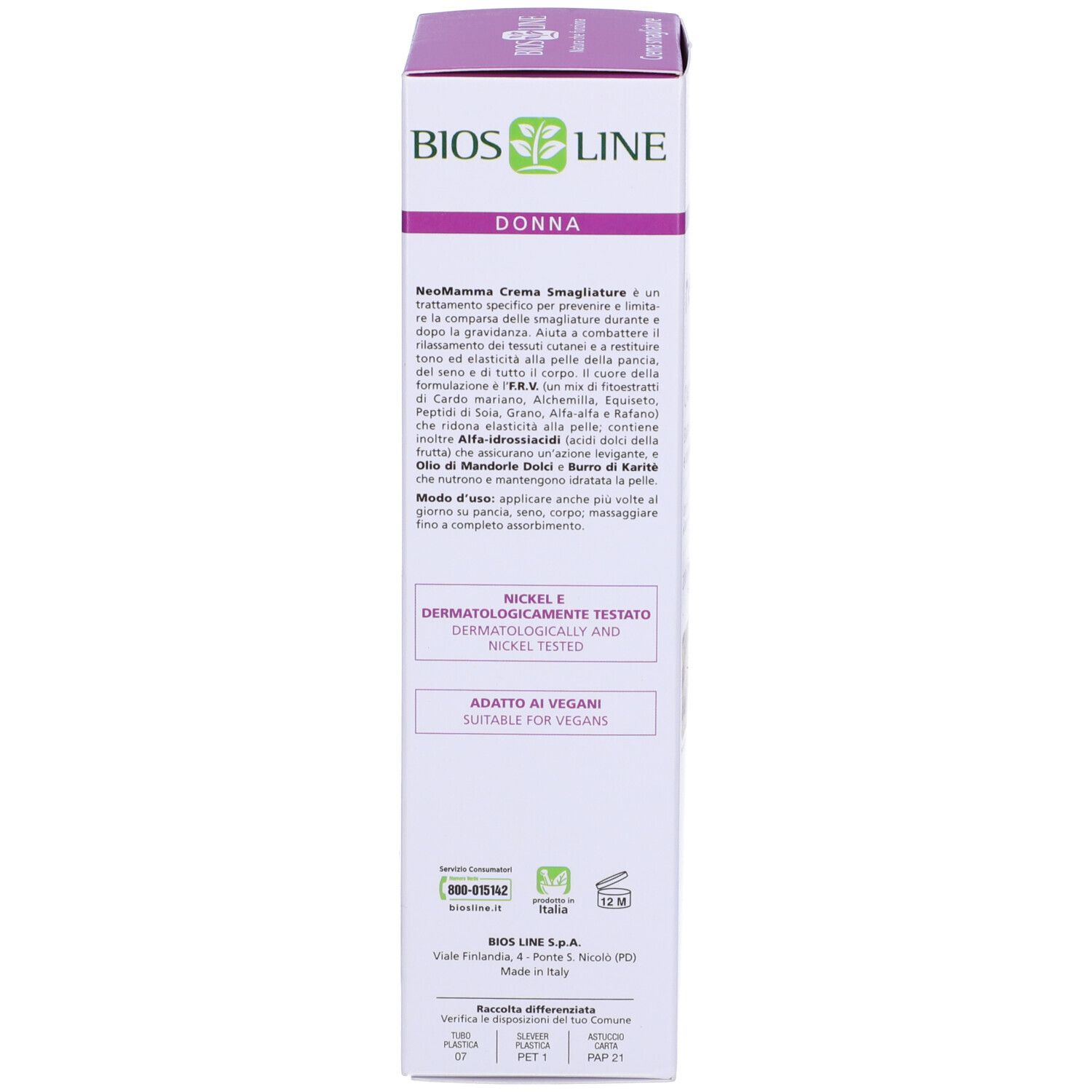 Vue latérale de l'emballage du produit. Texte en italien. Informations sur les ingrédients et les certifications.